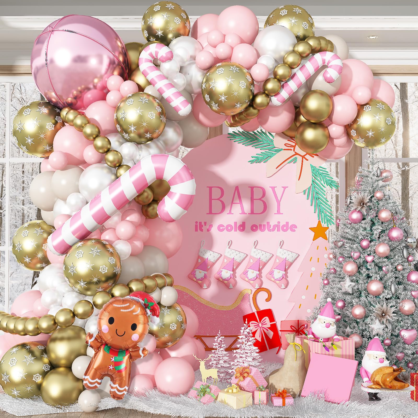 Pink Christmas Decorations Balloon Arch Kit, Gingerbread Candy Cane 4D Balloon Pastel Pink White Gold Snowflakes Balloons for Winter Wonderland Candyland Xmas Birthday Baby Shower Party Decorations