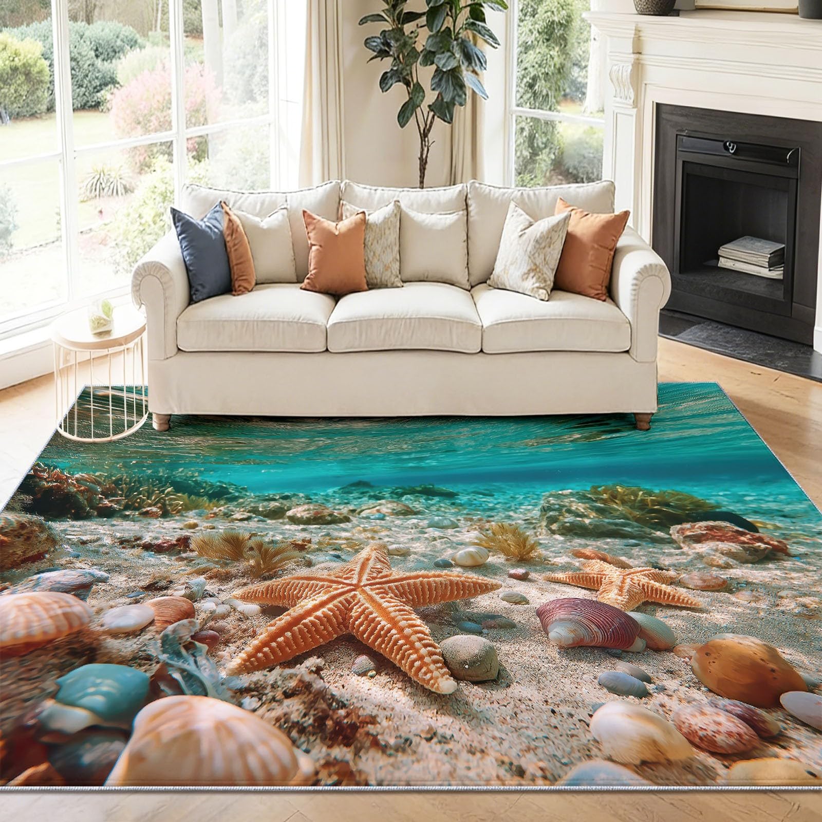 Dywan zmywalny, antypoślizgowy, tropikalny Natura Dywan nie strzępi włosia, 160 x 230 cm, lekki i odporny na blaknięcie, do przedpokoju, przedpokoju, salonu, pomarańczowa muszla