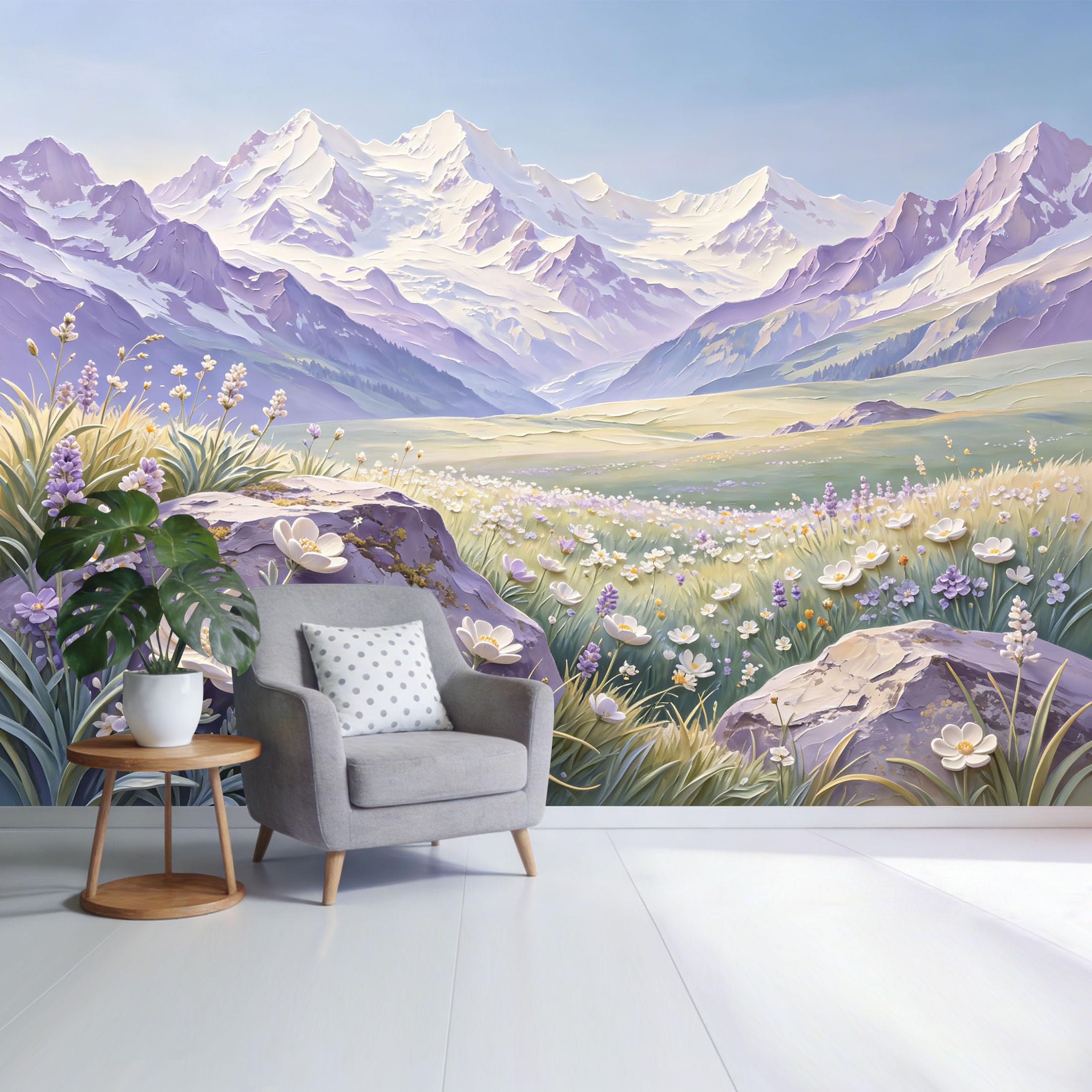 Custom Size Wall Mural Mountain Lake Landscape Alpine Wildflower Meadow Pastel Mountain Range Watercolor Style SelfAdhesive Wall Fabric Removable Wallpaper for Home Office Decor