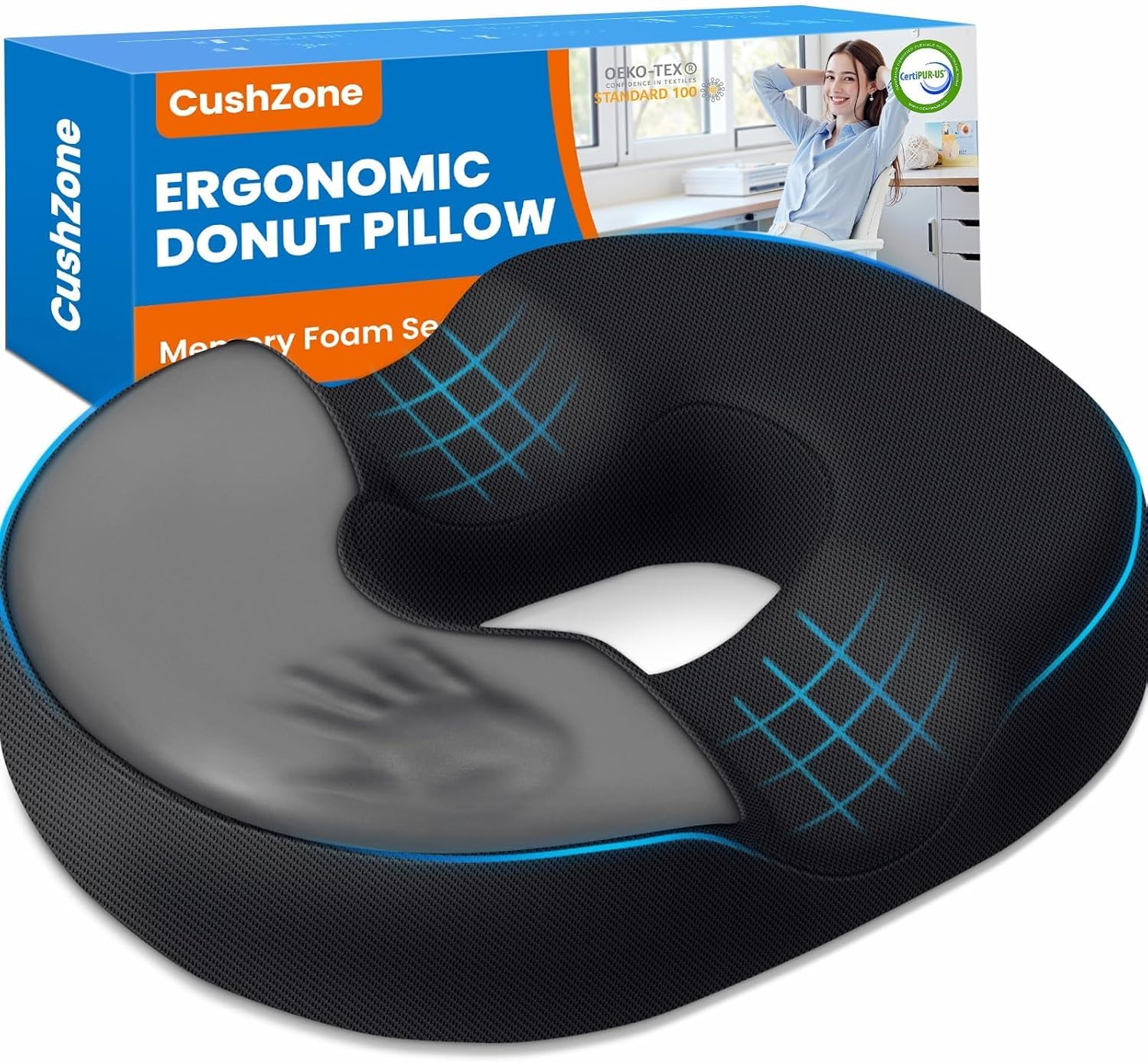 CushZone Donut Pillow for Postpartum Pregnancy - Large Ergonomic Chair Seat Cushions, Office Chair Cushion, Breathable Hemorrhoid Pillow, Lifting Chair Pads for Sitting, After Surgery(Black, XL)