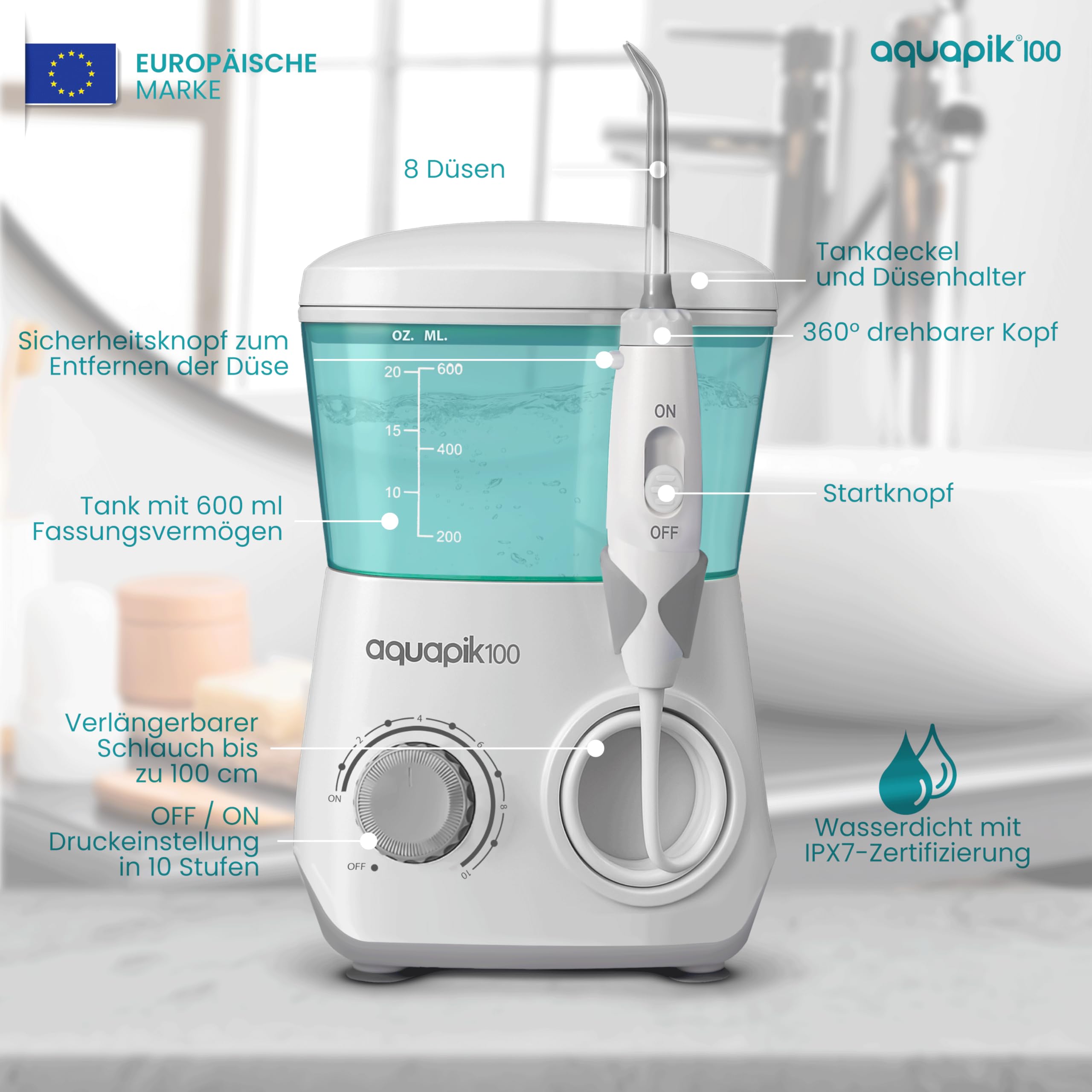 Boston Tech Aquapik® DUO Munddusche Aquapik® 100 Desktop + Aquapik® One tragbar von Zahnärzten empfohlen entfernt Plaque, pflegt Implantate und Kieferorthopädie Verwendung zu Hause und auf