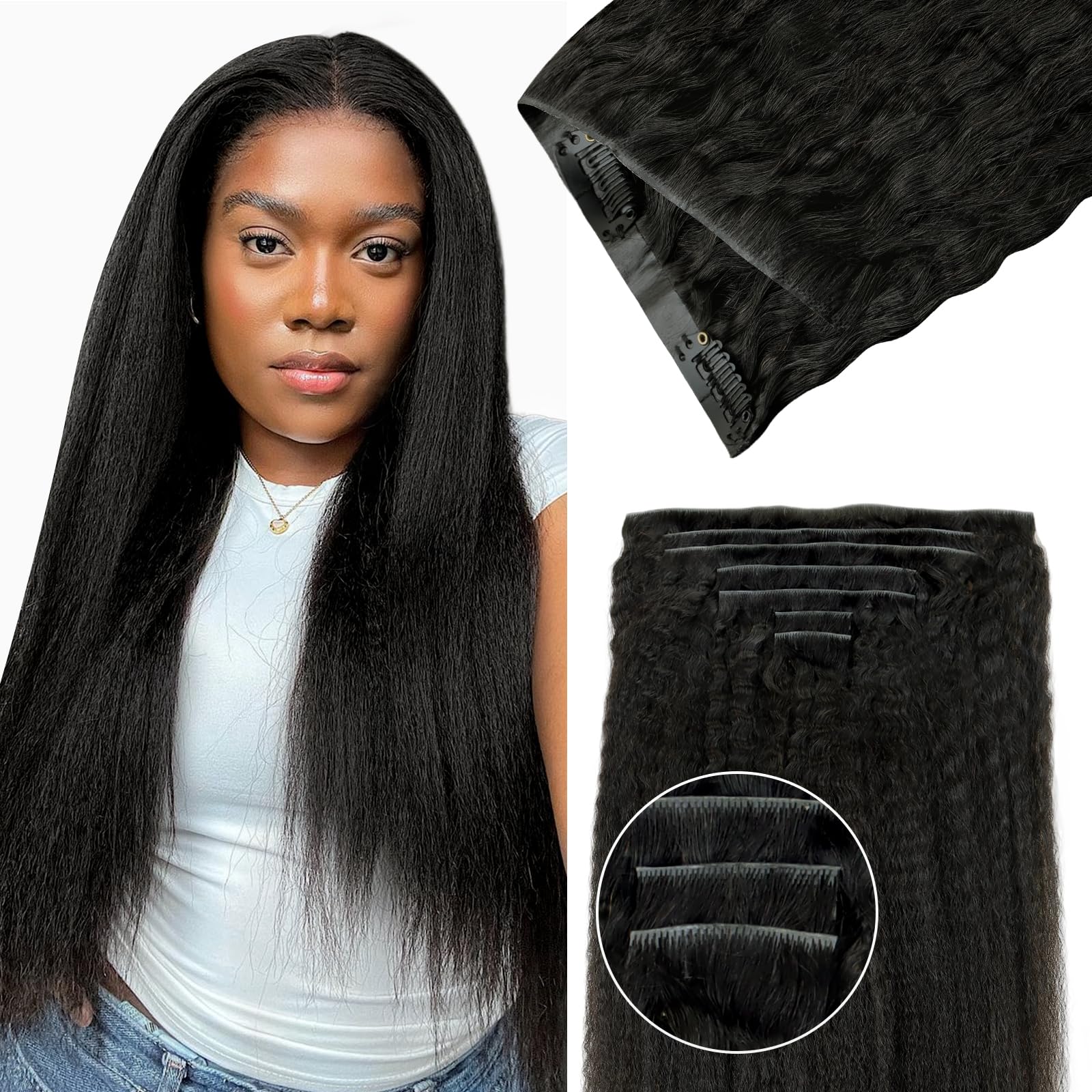 Lashey Invisi Edge Clip in Hair Extensions, 7pcs 110g 20 Inch Natural Black Seamless Clip in Hair Extensions Human Hair Kinky Straight Real Remy Human