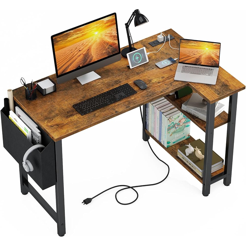 13/mo Finance Lufeiya Small L Shaped Desk with Power Outlet Shelves