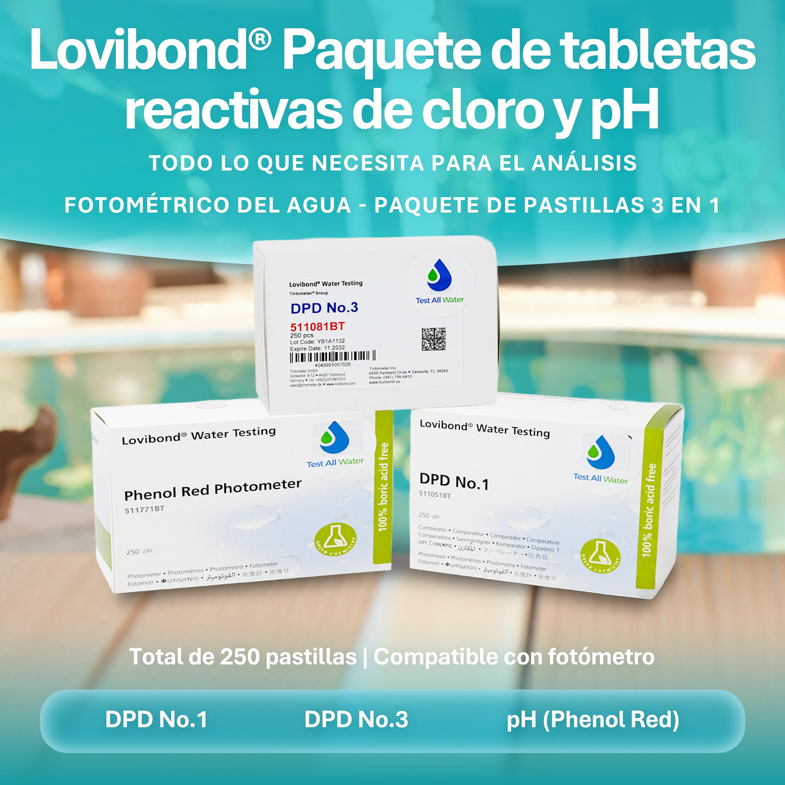 Lovibond DPD No.1, DPD No.3 y pH 250 comprimidos