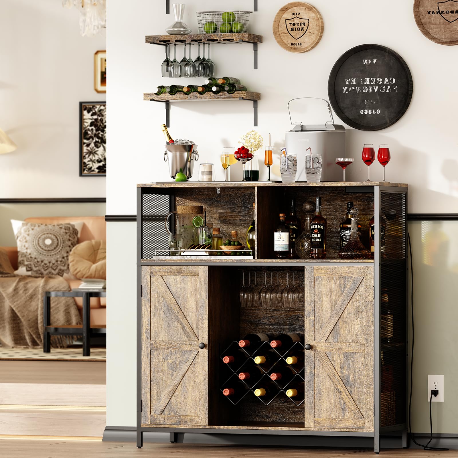 Armadietto per vino con presa di ricarica, 6 scomparti, stile vintage, con luce LED, 108 x 39 x 111 cm, armadio da cucina e credenza con portabottiglie in metallo, buffet per cucina, soggiorno