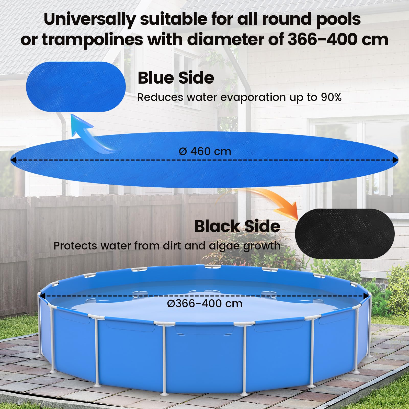 Cubierta Redonda para Piscinas de 460 cm, Lonas para Iscinas, Cubierta de Piscina de Verano e Invierno con Cordón y Clavijas para el Suelo, Fácil de Instalar y Estable, Negra
