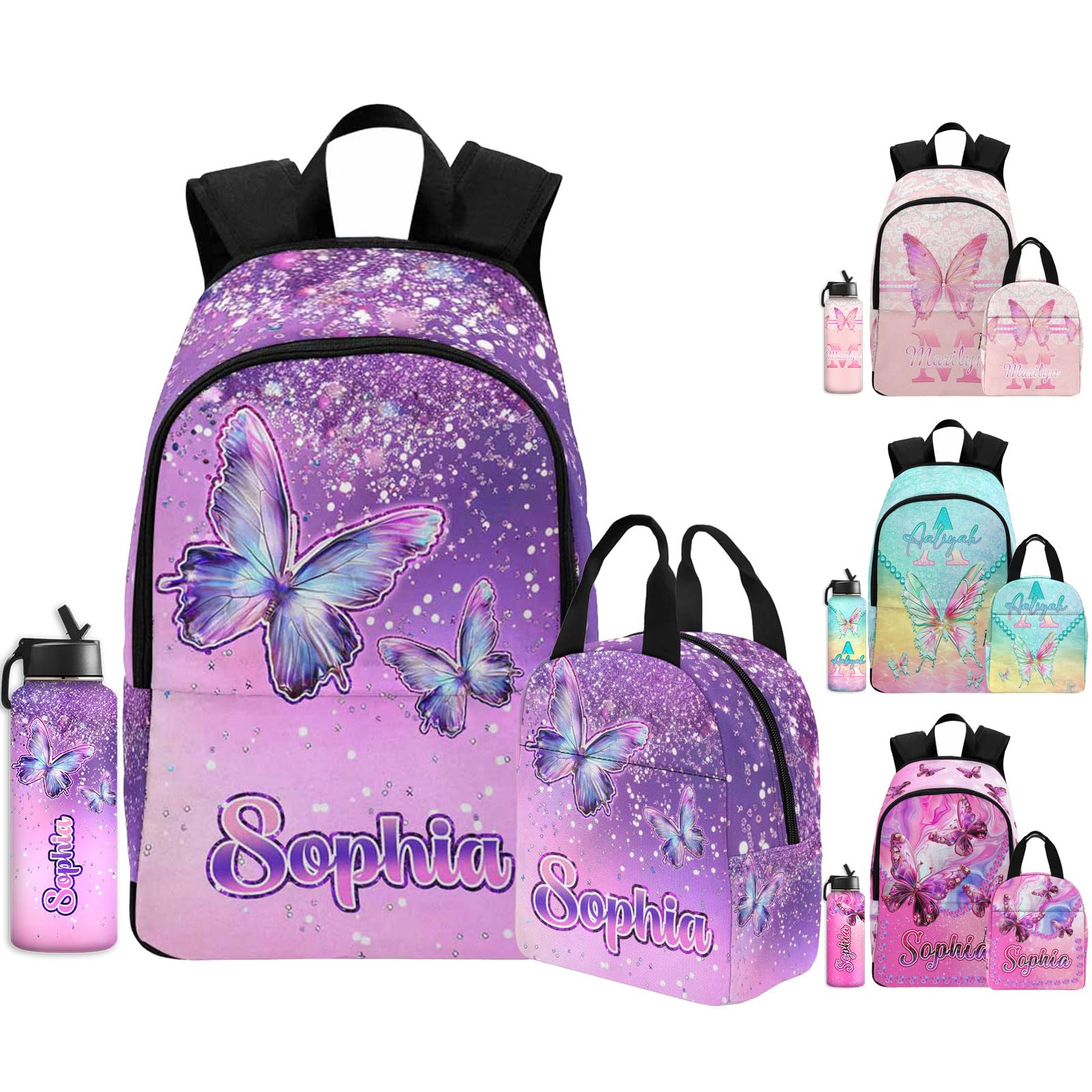 casecoco Personalized Kids Backpacks for Girls, Custom Girl Bookbag Backpack with Lunch Box Bag for Kids Daughter, Purple Butterfly Casual School Bags