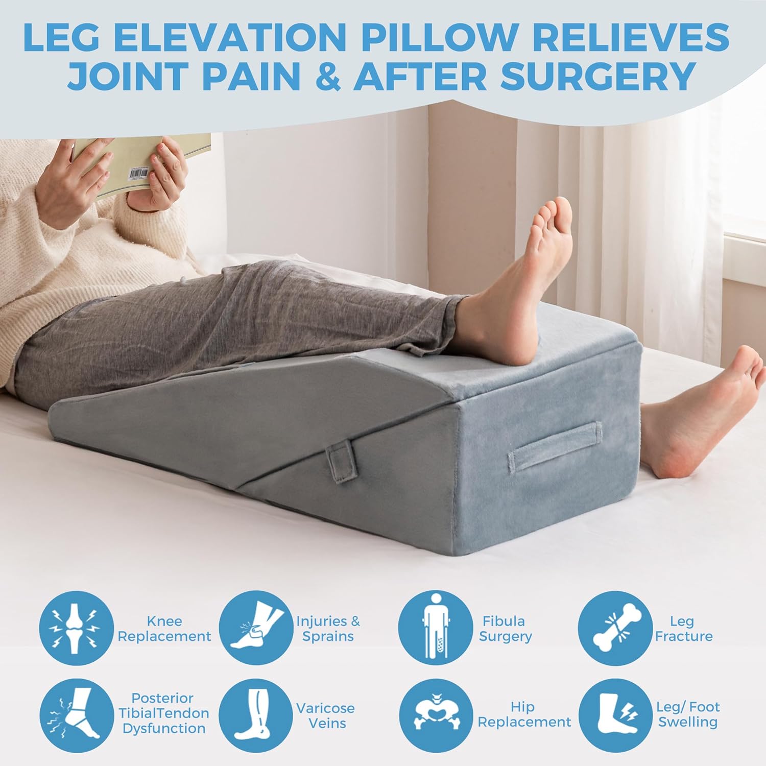 Ganondorf 2-in-1 Leg Elevation Pillow for Post Surgery – 8" & 10" Adjustable Premium Foam Leg Pillow, Knee Replacement, Hip & Back Pain Relief, Swelling Support with Handle Removable Washable Cover