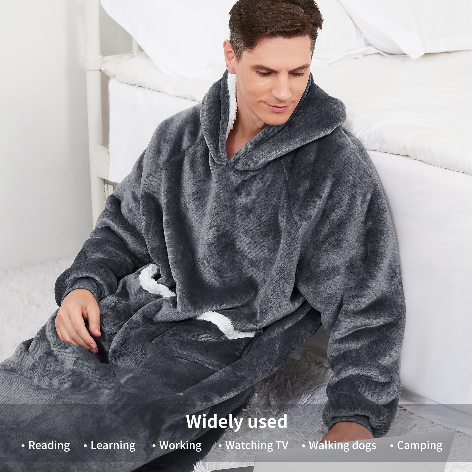 Aisbo Plaid Felpa Coperta con Maniche - Pigiama Coperta Indossabile Donna e Uomo Oversize con Manica e Cappuccio Plaid da Divano con Braccia Pile di Sherpa, Hoodie Blanket (Grigio Scuro,130x82cm)