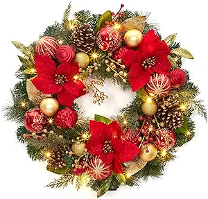 GarveeHome Prelit Christmas Wreath for Front Door, 24" Large Outdoor Christmas Wreath, Battery Operated Lighted Xmas Wreath with Red Gold Balls Artificial Poinsettia for Fireplace Window Wall Decor