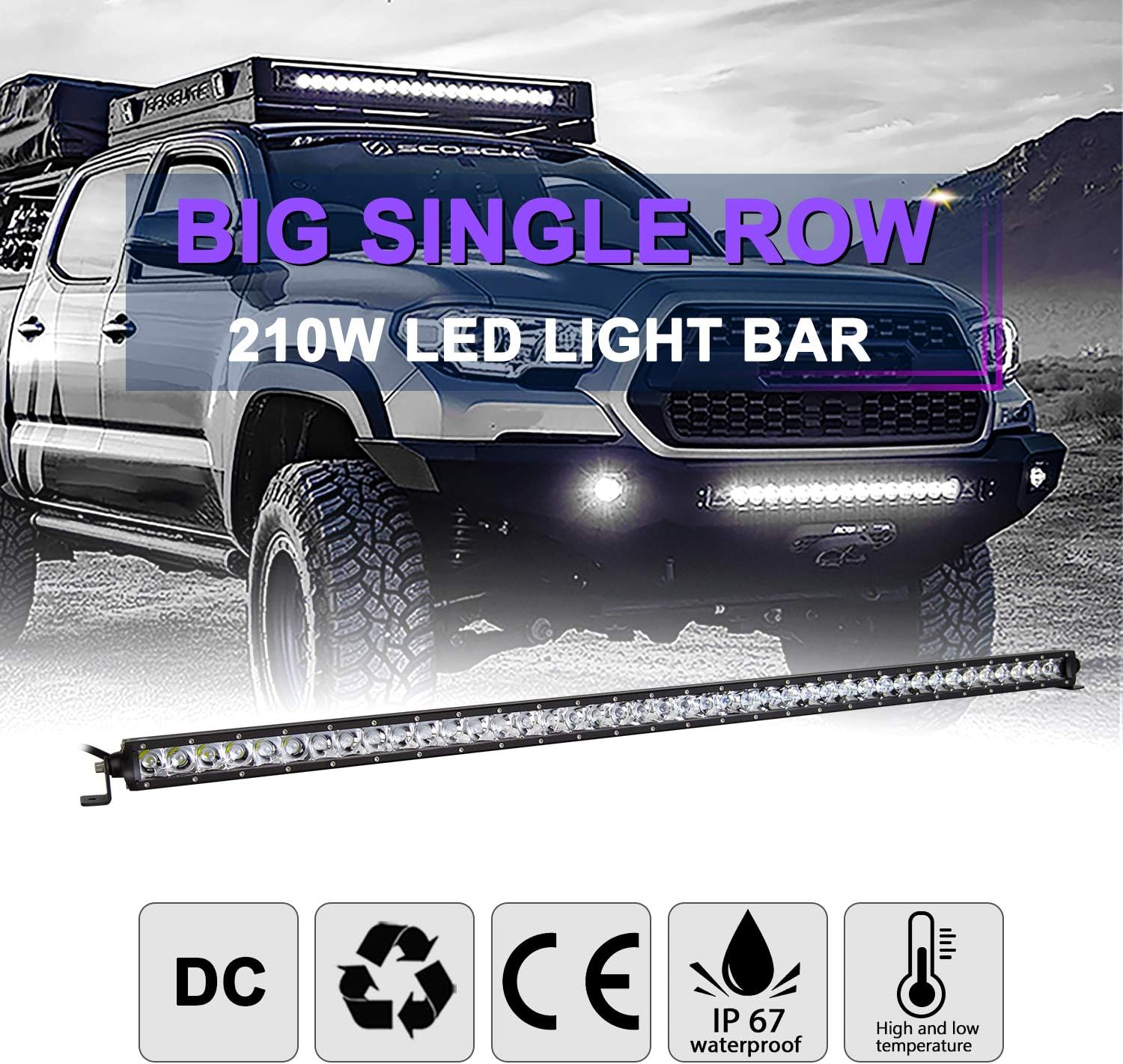 AUXTINGS 44 inch 210W Spot Single Row 16800LM Off Road LED Fog & Driving Roof Bumper Light Bars 2 Style Mounting Brackets for Off Road ATV UTV Trucks Boat,12V 24V Waterproof