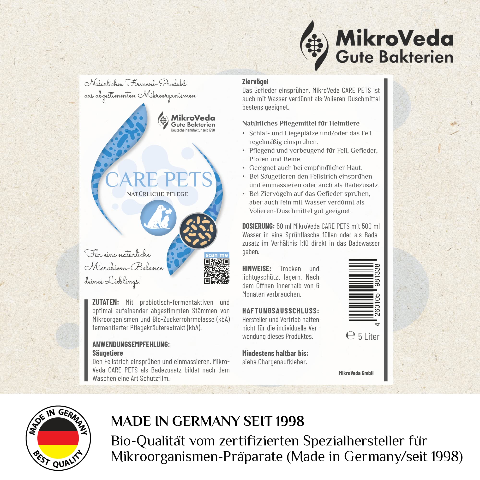 Mikroveda Care Pets 5 Liter Bio Tierpflege, natürliches Pflegemittel Mikroorganismen fermentiert, für Hund Katze und andere Haustiere
