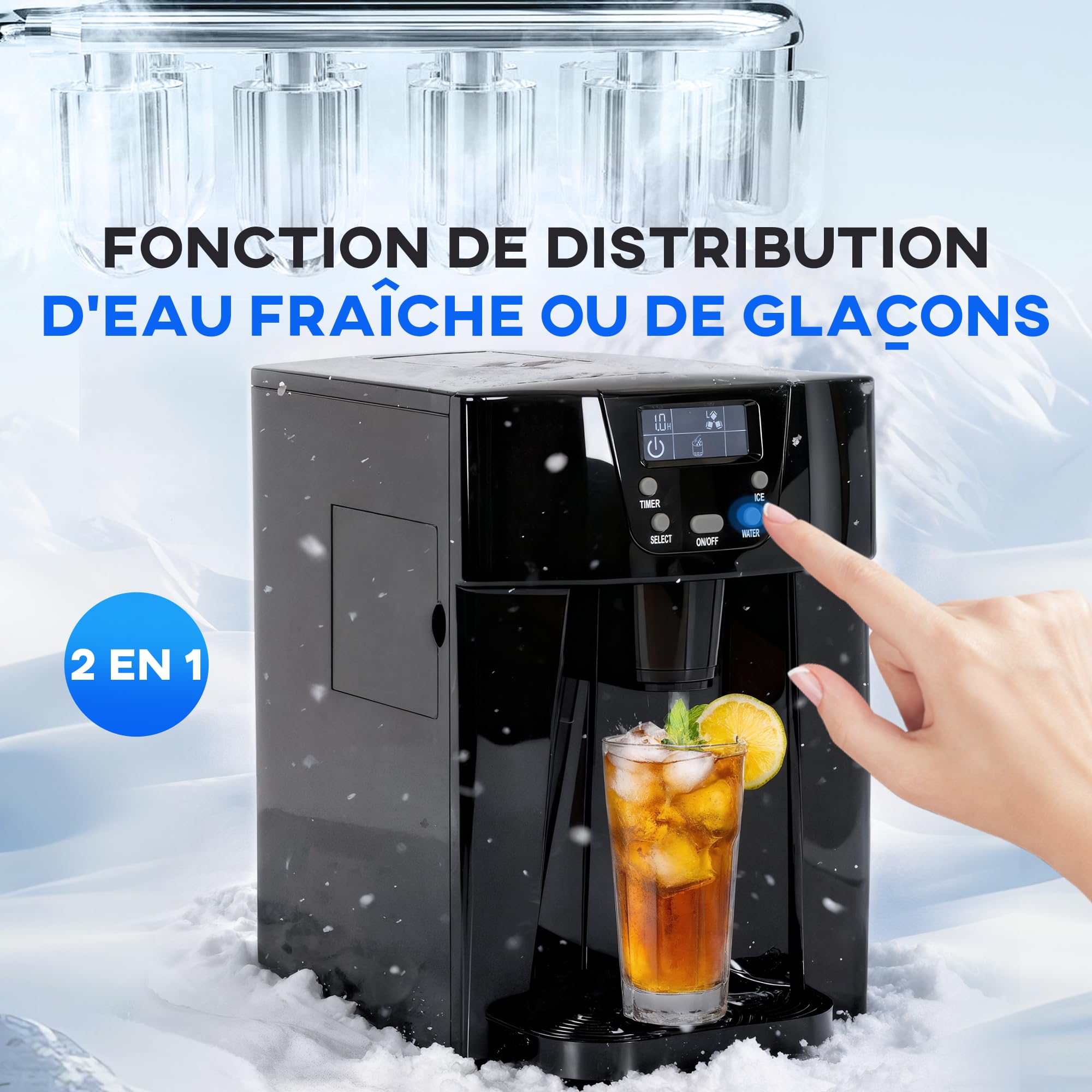 HOMCOM Machine à Glaçons avec Distributeur d'Eau, 12kg en 24h, 9 Glaçons en 6-10 Minutes, Ice Maker Portable, Taille de Glaçon Réglable, Minuterie, Réservoir d'Eau 3L, pour Maison, Cuisine, Bar, Noir