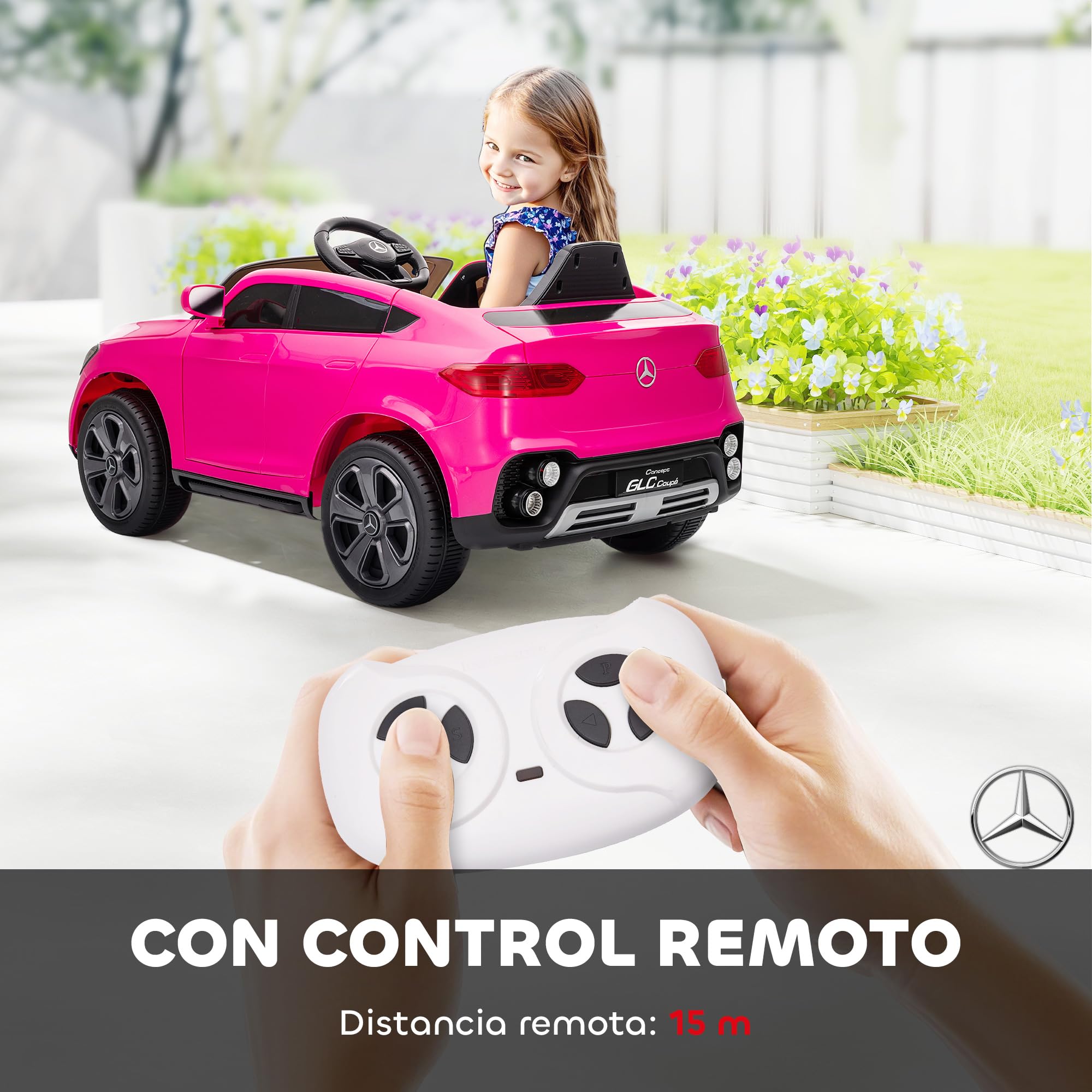 AIYAPLAY Mercedes-Benz GLC Coche Eléctrico 12V 2,4 GHz Mando a Distancia Motor Doble 3-5 km/h 80 Min MP3 Faros LED 3-6 Años Rosa
