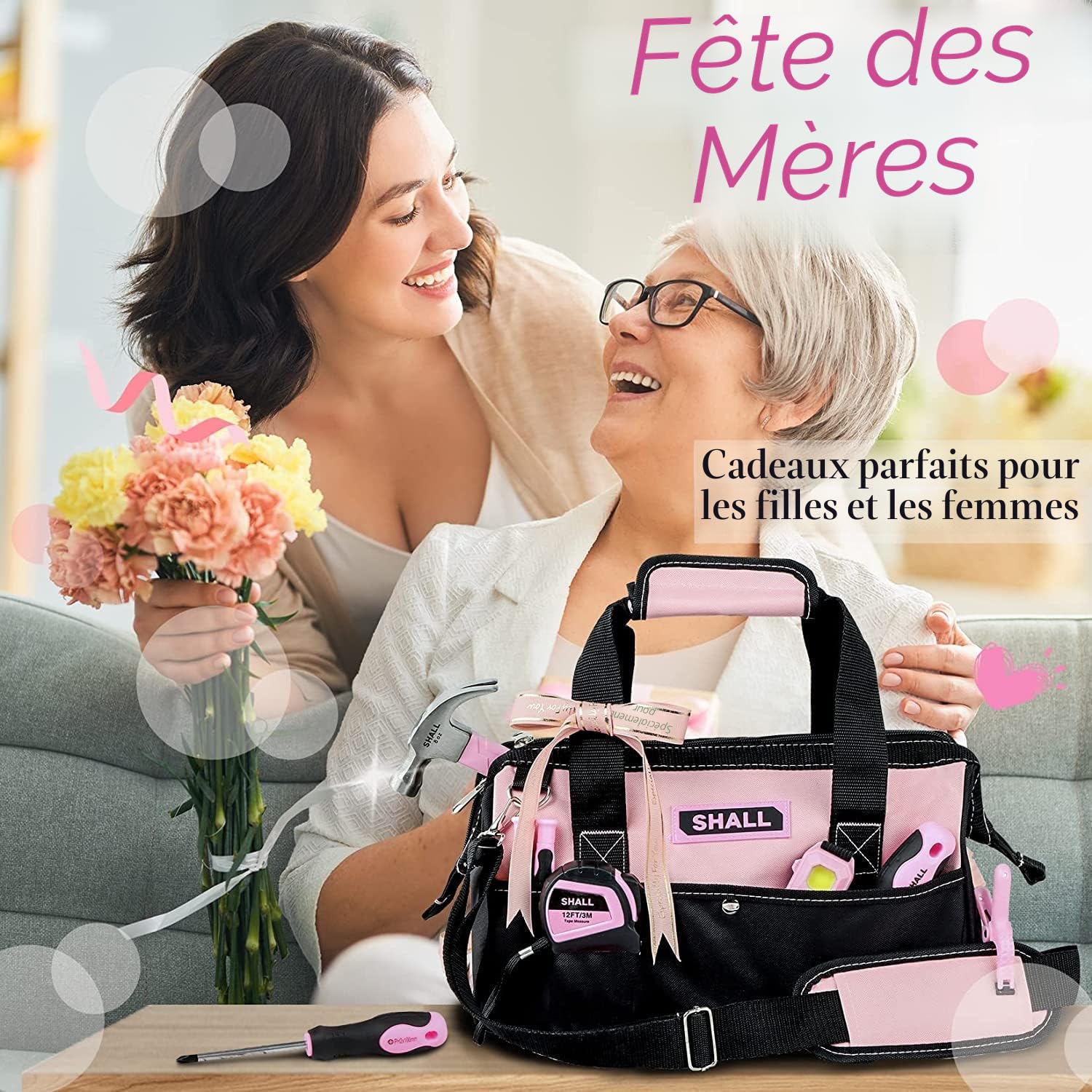 SHALL Ensemble d'outils à main de 246 pièces pour femme, rose, acier forgé, kit d'outils de base pour la maison