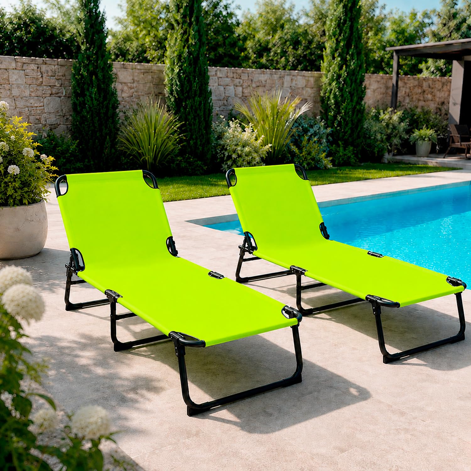 Lettino Mare Pieghevole Prendisole Schienale Regolabile Reclinabile Struttura In Metallo Nero Sedia Relax Per Spiaggia Campeggio Piscina Giardino 187 x 53 x 24 Cm (Verde Fluo)