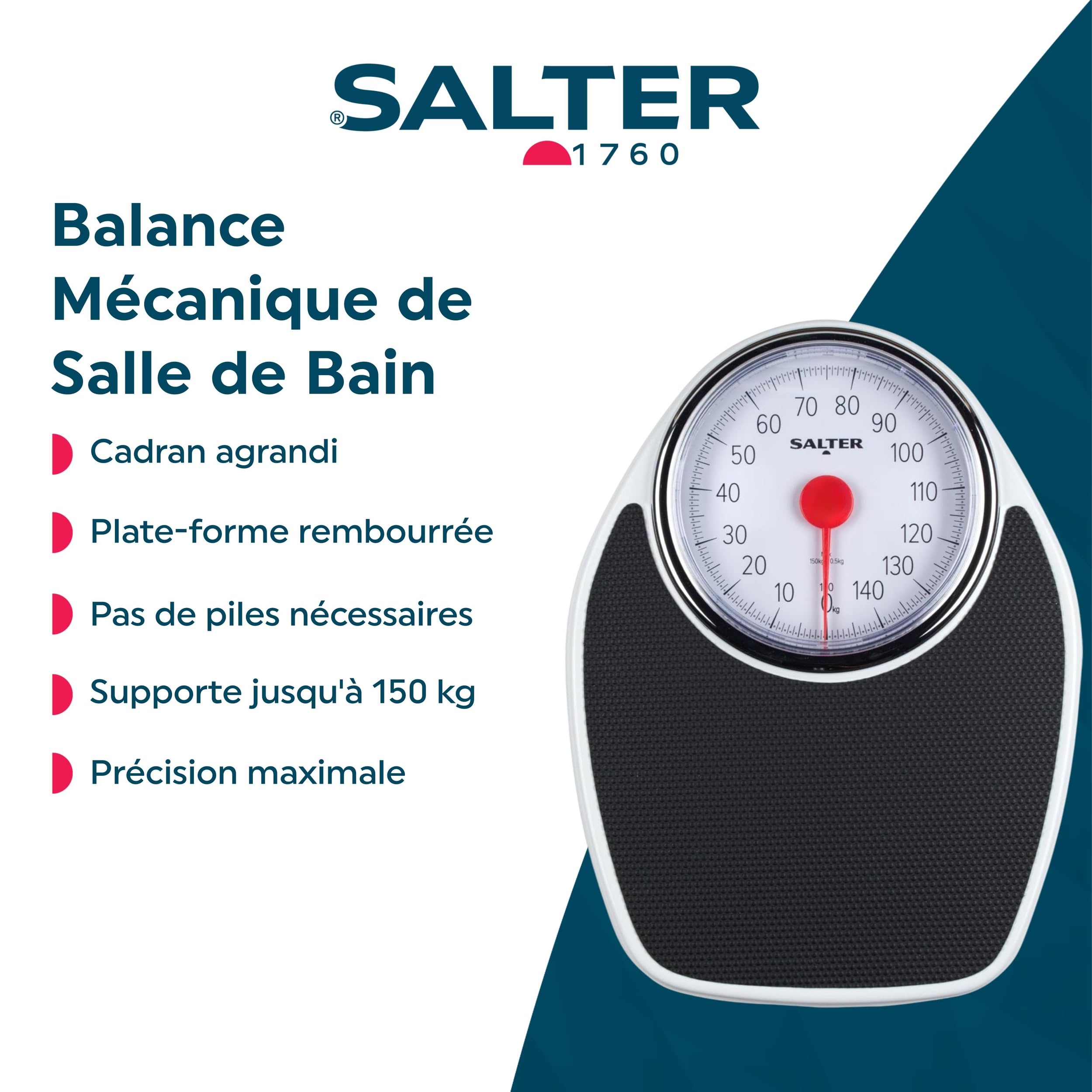 Salter 195 WHKR Pèse Personne Mécanique avec Aiguille, Style Docteur, Design Retro, Balance avec Cadran Analogique Facile À Lire, Sans Pile, Capacité 150KG, peser en kg uniquement, Noir/Blanc