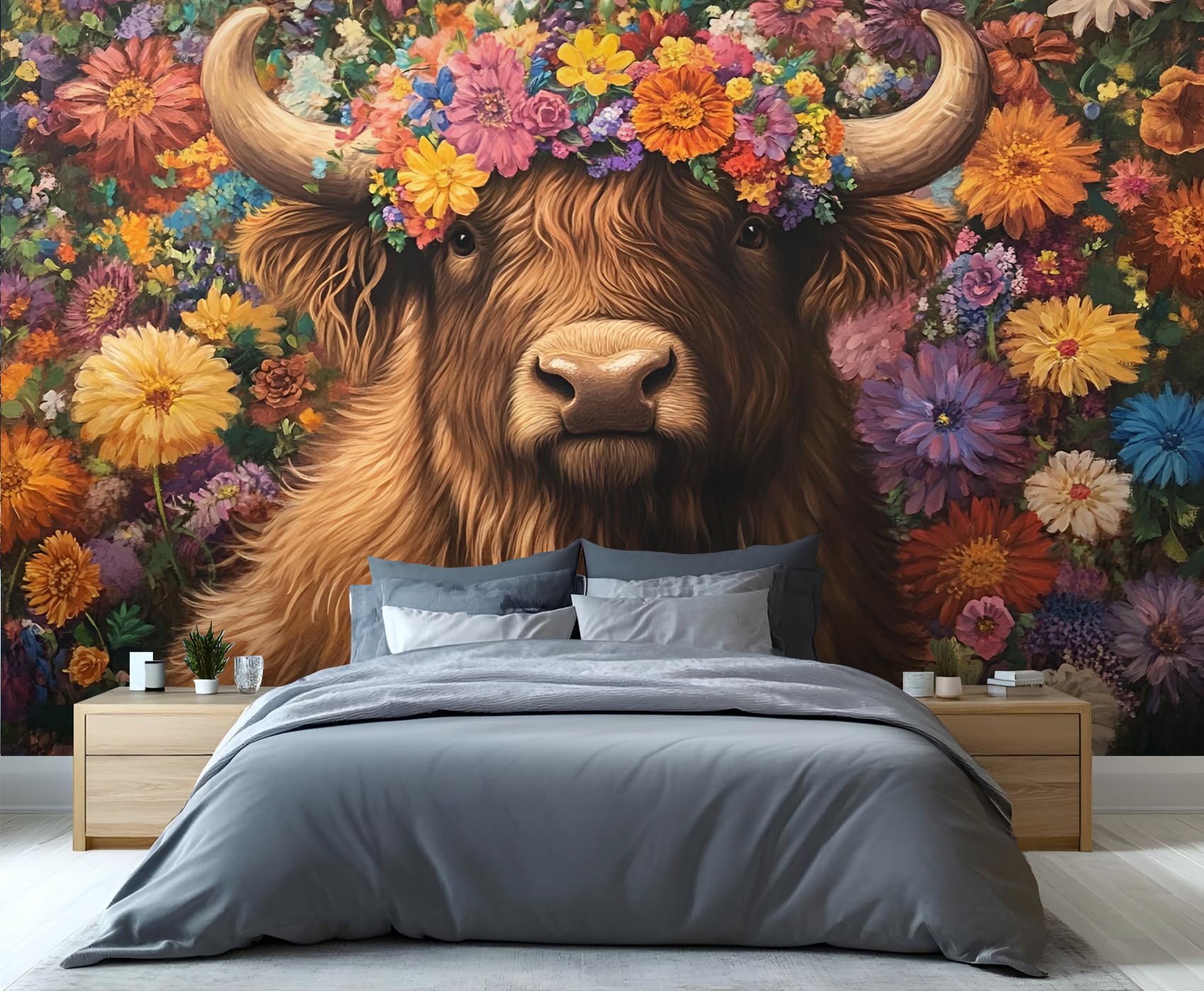 YXQAIED Floral Wallpaper, Watercolor Flower Bedroom Wallpaper, Highland Cattle Wallpapers for Living Room, Not Self Adhesive Cars Photo 3D Wall Murals & Room Decor, 260x175cm — image 1