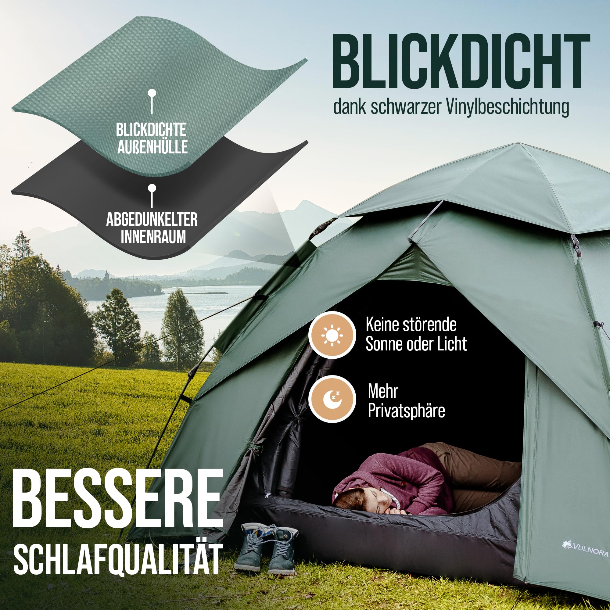 Pop Up Zelt 4 Personen Wasserdicht 5000mm Wassersäule Wurfzelt Auf- und Abbau in Sekunden - Strandzelt mit UV-Schutz - Blickdicht - Campingzelt