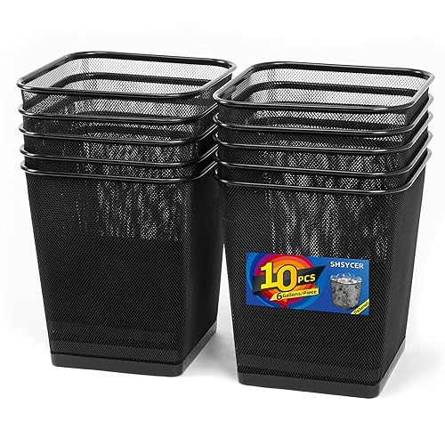 Paquete de 10 cubos de basura de metal cuadrados negros de 6 galones, cubos de basura de malla para oficina, papeleras de alambre de metal, canasta