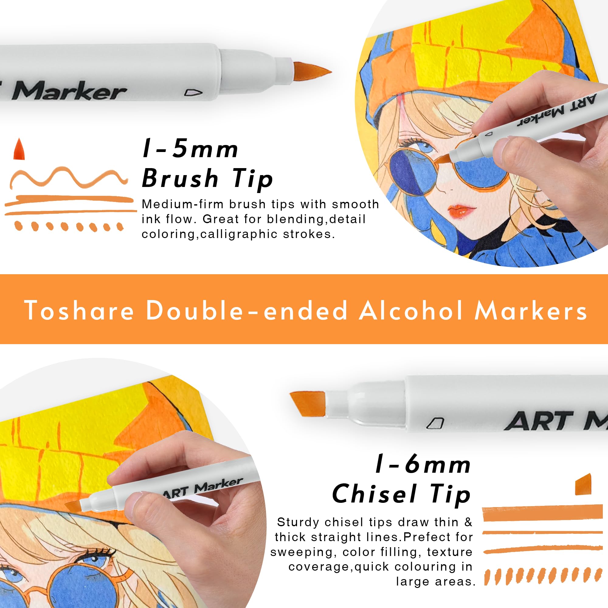 TOSHARE 40 Colors Alcohol Markers - Double Tip Art Markers Alcohol Based Marker Brush&Chisel Nib Blender Art Pens Permanent Sketch Marker for Kids Adults Coloring and Artist Illustration