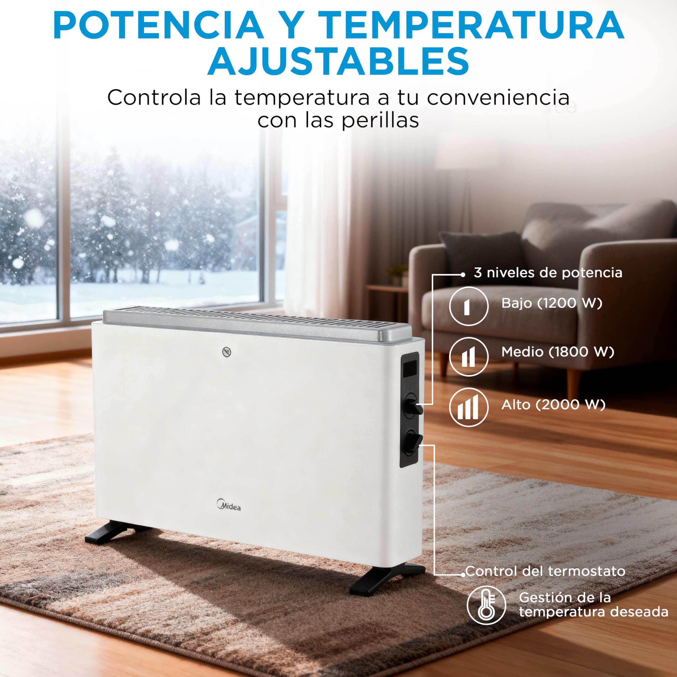 MIDEA Convector Radiador Electrico Bajo Consumo | 2000W | Calefactor Electrico con Termostato Regulable, Estufa eléctrica con 3 Niveles de Potencia, Emisor Térmico con Protección de Sobrecalentamiento