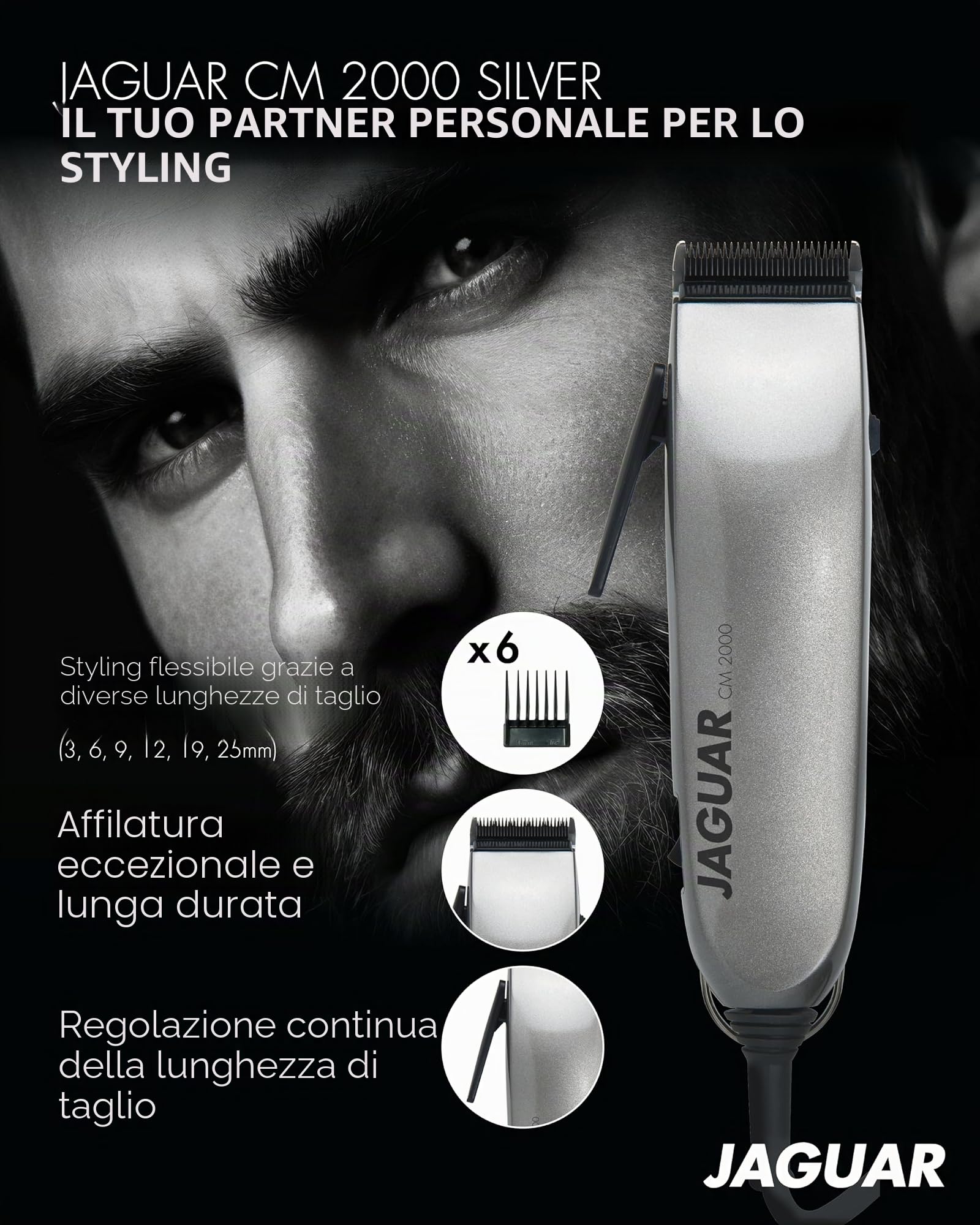 JAGUAR Tagliacapelli CM 2000 Silver | Tagliacapelli professionale per il funzionamento a rete elettrica con set di pettini e sistema di montaggio rapido | Dal professionista per voi