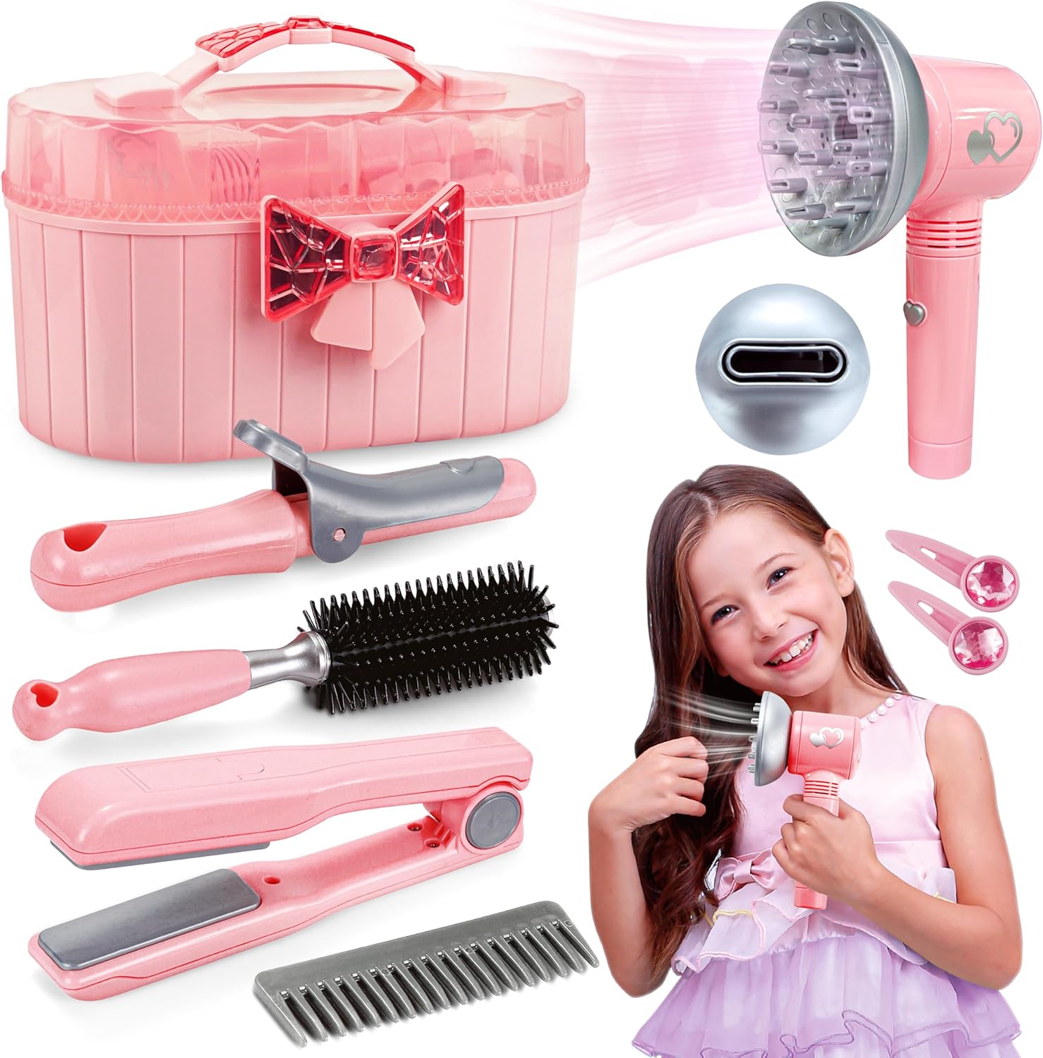 Toy Choi's Children's Pretend Play Hair Styling Salon Set with Hair Dryer, 10pcs Pink Princess Hairdressing Kit | Detachable Styling Tools & Storage Case | Kids Makeup Cosmetics Playset for Girls