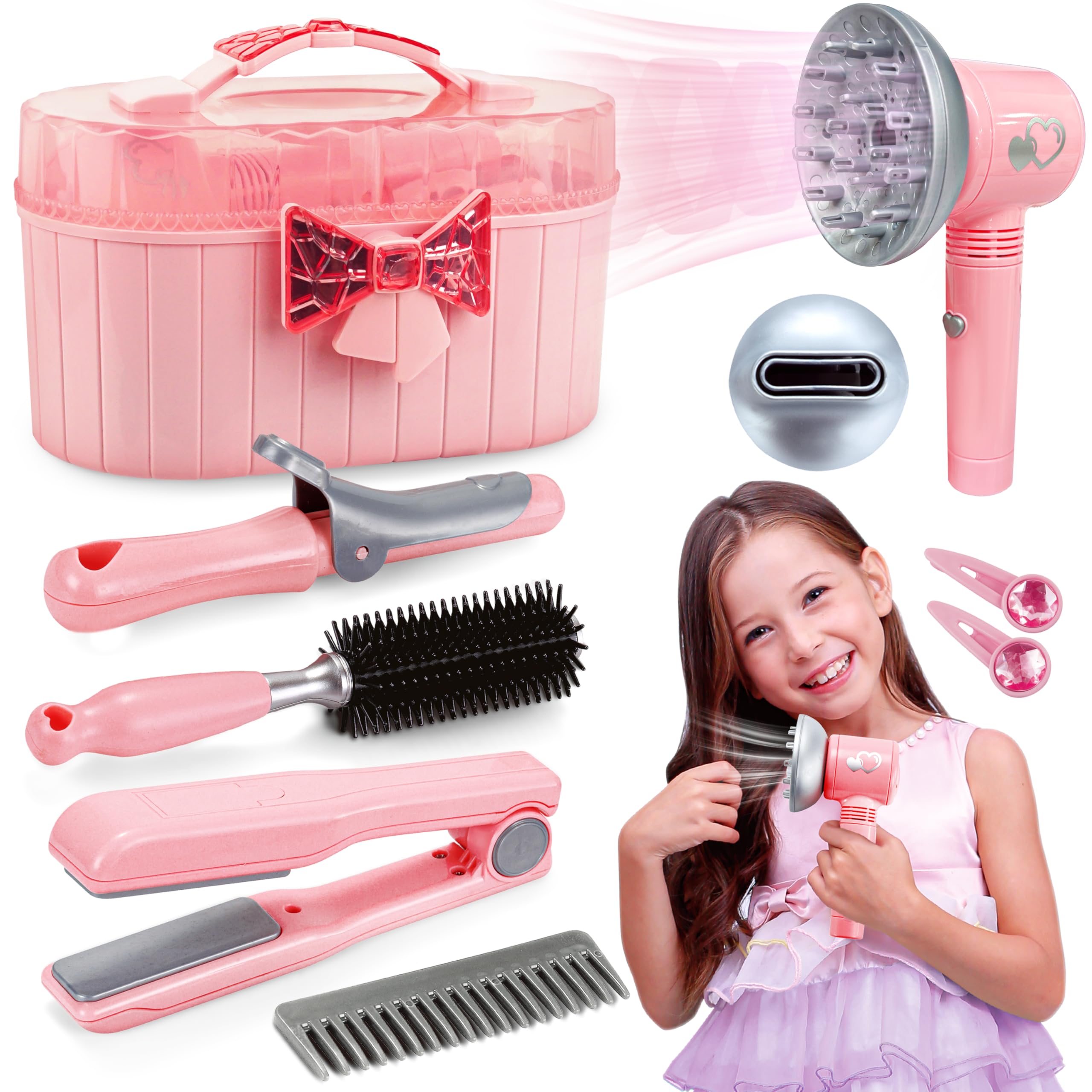 Toy Choi's Children's Pretend Play Hair Styling Salon Set with Hair Dryer, 10pcs Pink Princess Hairdressing Kit | Detachable Styling Tools & Storage Case | Kids Makeup Cosmetics Playset for Girls