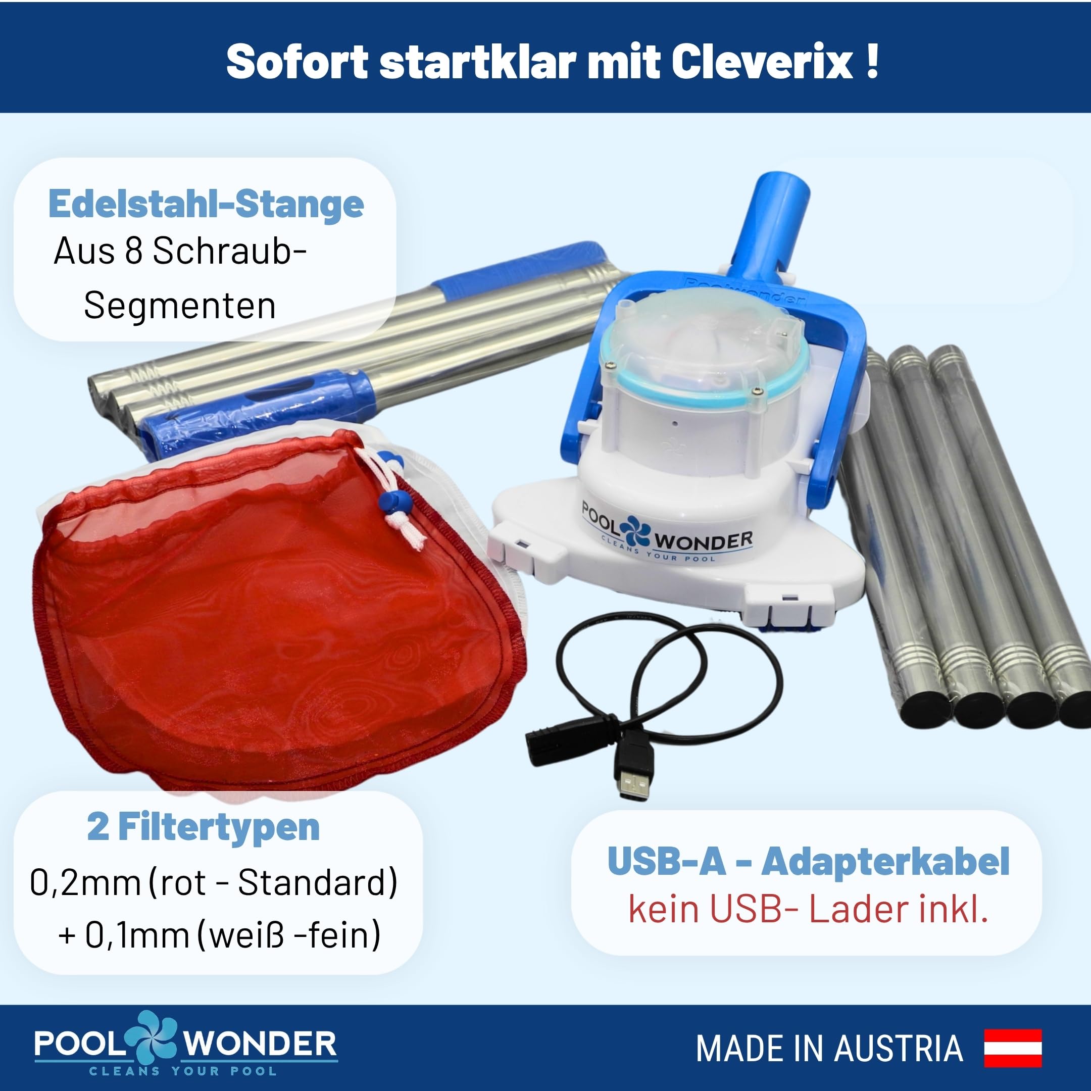 Poolwonder Cleverix Akku Poolsauger – Made in Austria, superleicht & handlich, kabelloser Unterwasser-Sauger zur Reinigung Kleiner Pools, Whirlpools & Aufstellbecken, einfachste Filterentleerung