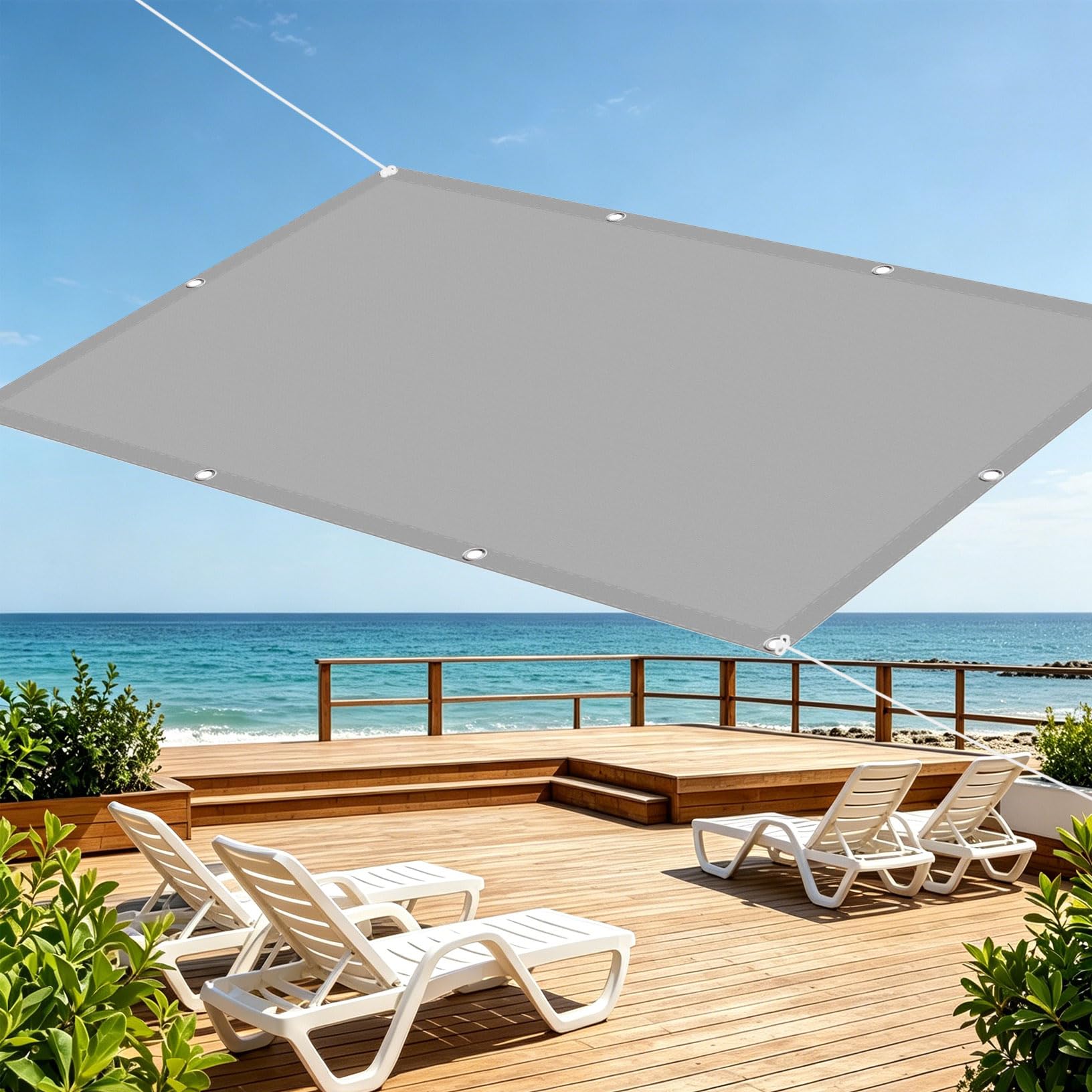 Sonnensegel 250 x 500 cm Rechteckig 95% Shading Rate Wasserdicht Sonnenschutz Sonnendach Ohne Bohren mit Ösen Und Seil Nach Mass für Balkon Terrasse Garten Pool Camping, Hellgrau