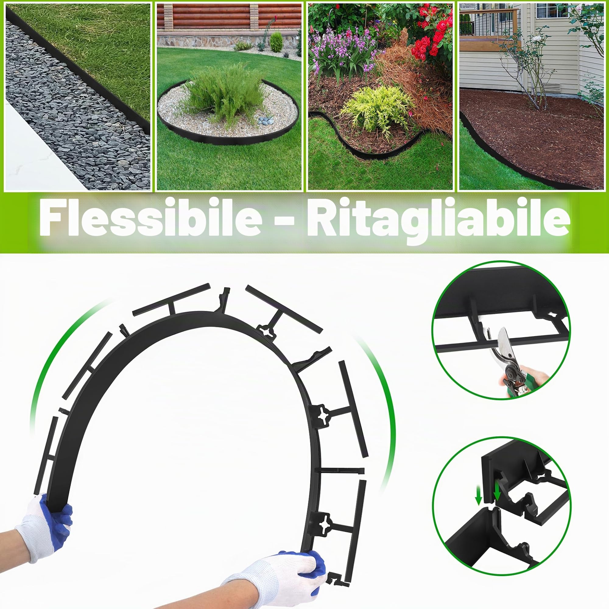 NAIZY Bordo per prato 24 m con 100 ancore, in plastica, pieghevole, bordo per aiuole, bordo alto 7,8 cm per giardino, prato, decorativo, nero (24 pezzi/24 m)