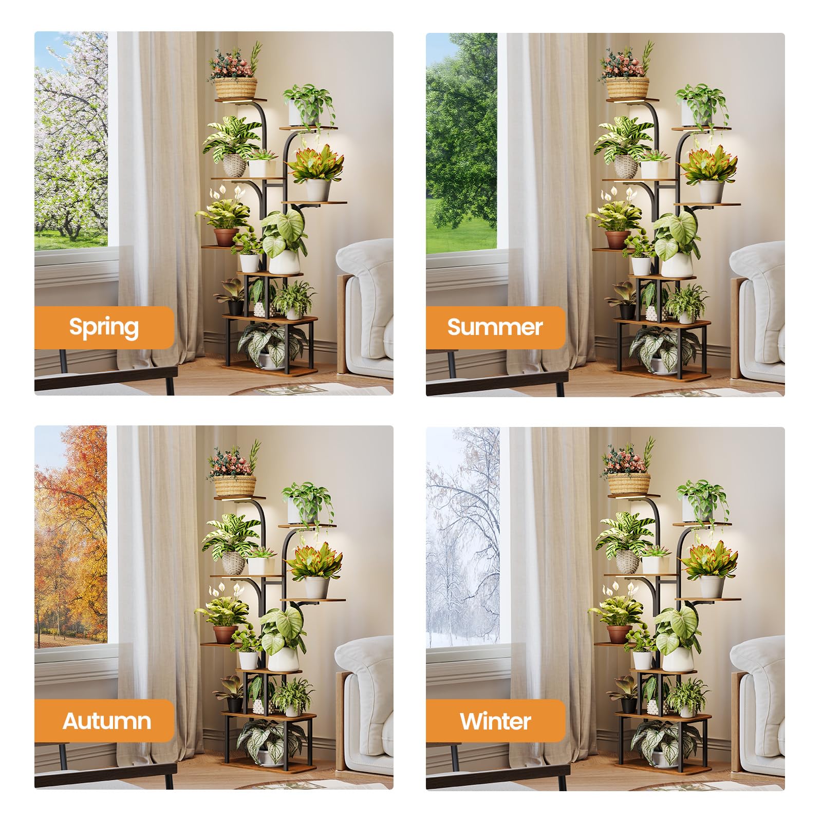 GoTiling Pflanzenregal Indoor mit LED Grow Light, 160cm Hoch 8 Etagen Blumenregal Metall & Holz, Mehrstöckiger Pflanzenständer für Wohnzimmer, Balkon, Fensterbank, Blumentöpfe & Kräuter