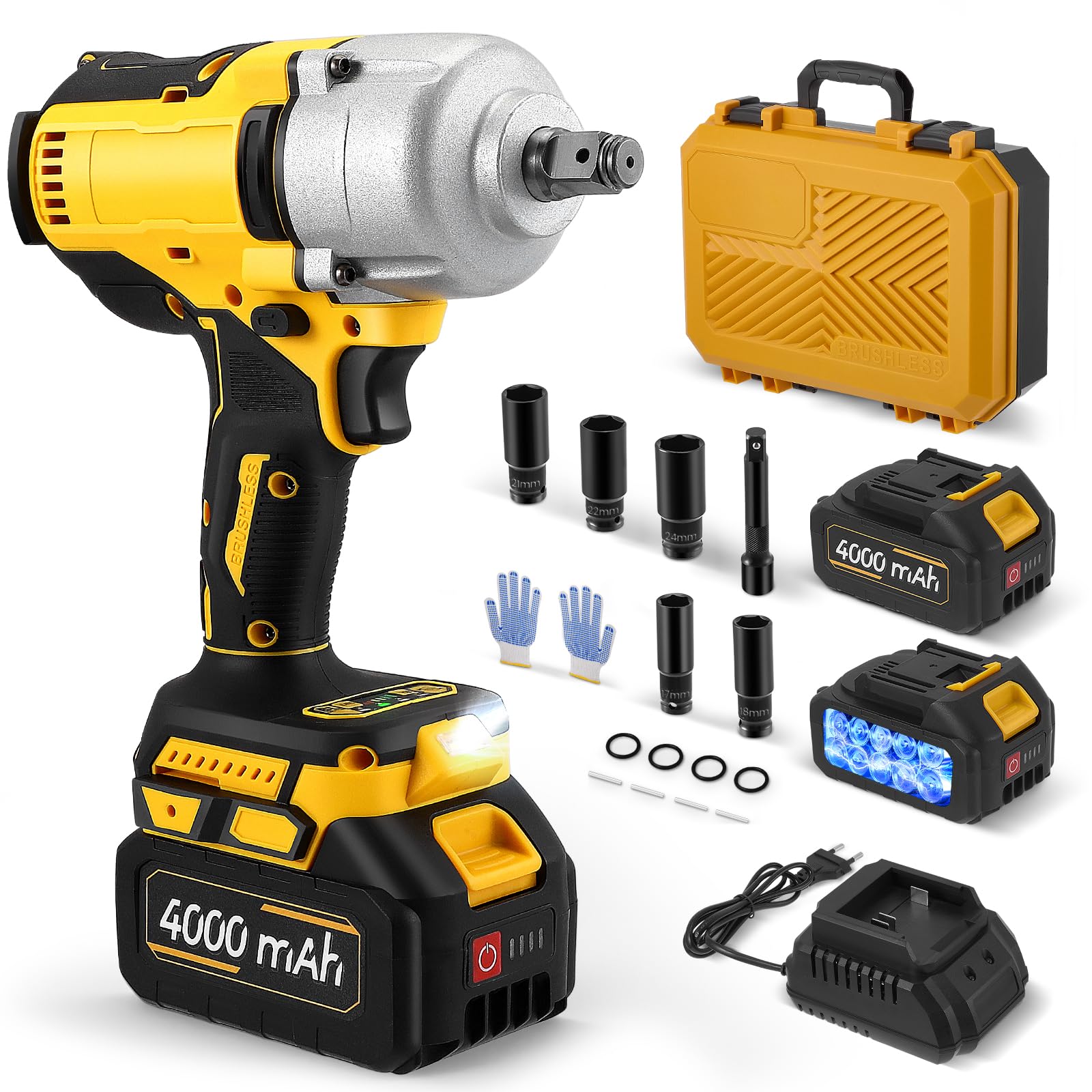 Atornillador de impacto a batería 1000 Nm – 21 V sin escobillas atornillador de impacto a batería con 3 niveles de velocidad, 2 baterías de 4,0 Ah y cargador rápido, luz LED, 5 llaves y