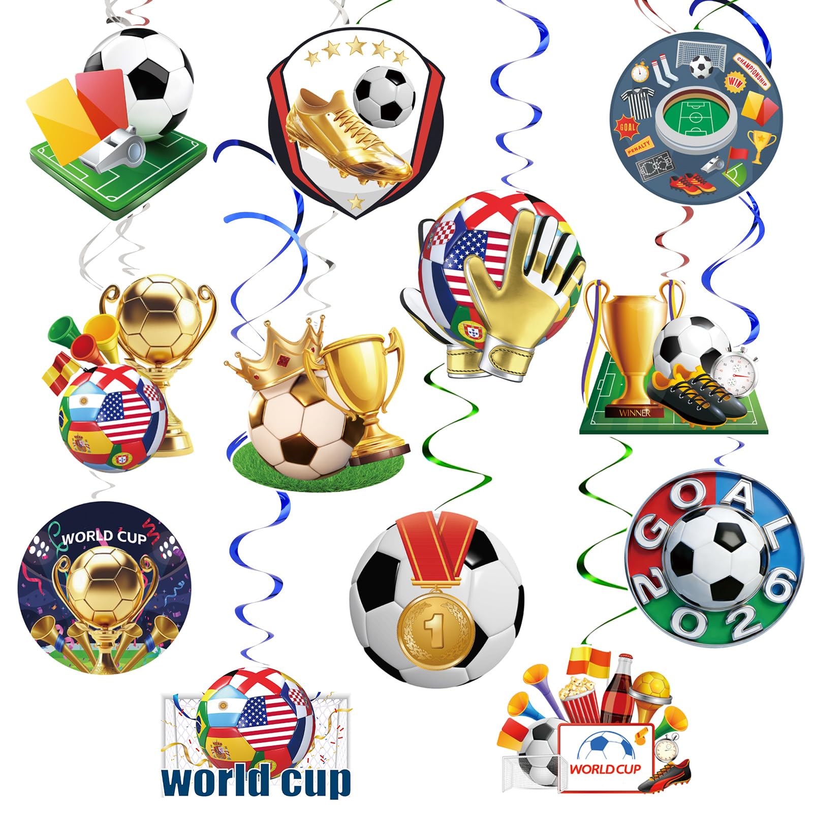 AhfuLife 14 Stück WM Deko 2026 Fußball Hängende Wirbel, Fußball Weltmeisterschaft Deckenhänger Spiral mit Teilnehmerland-Flaggen, Pokal Elementen für Fans Fussball Geburtstag Partyzubehör