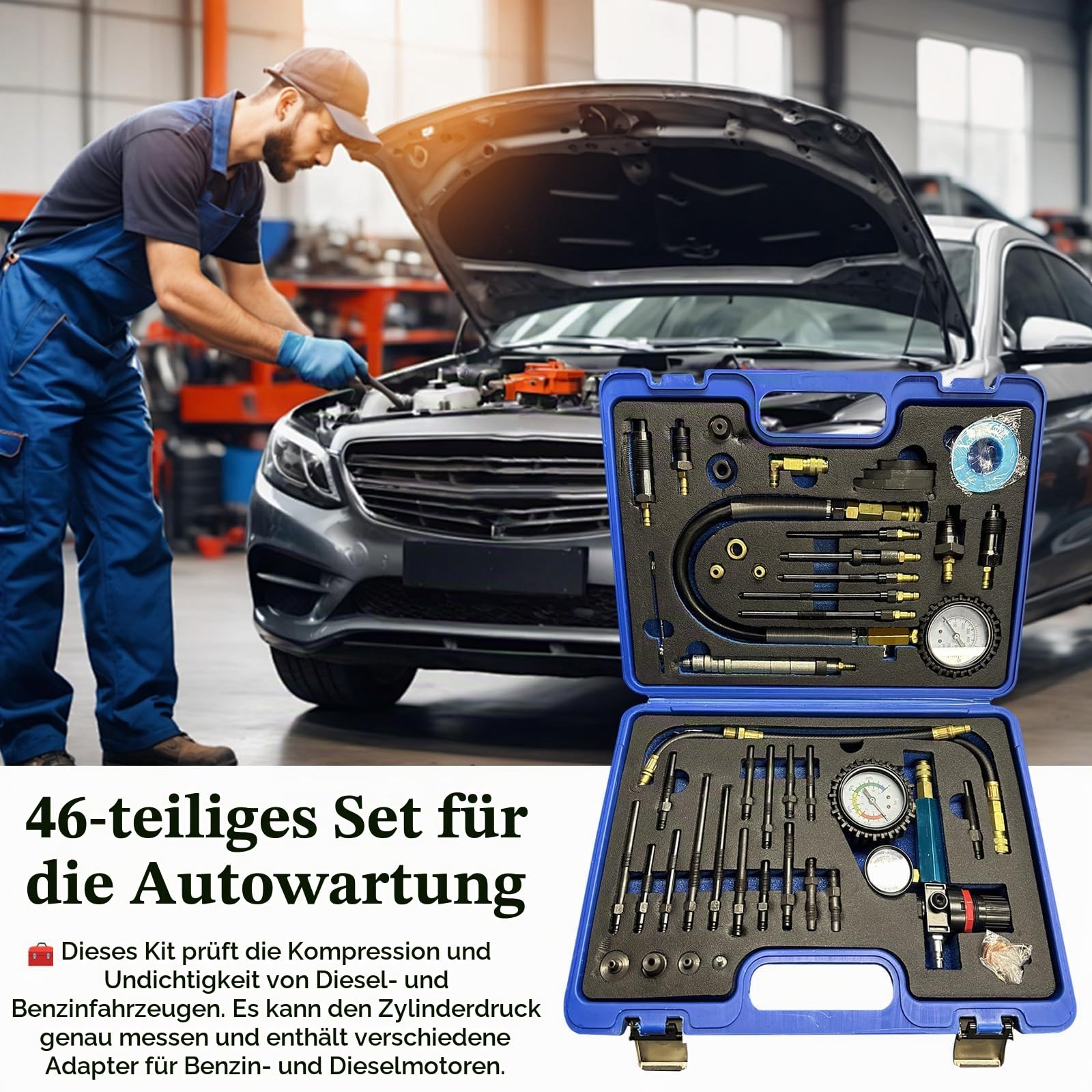 Kompressionstester, 46-tlg Kompressionsprüfer Diesel Benzin Kompressionstester Druckverlust Tester Motoren Prüfer Kompatibel mit Diesel Benzinmotore