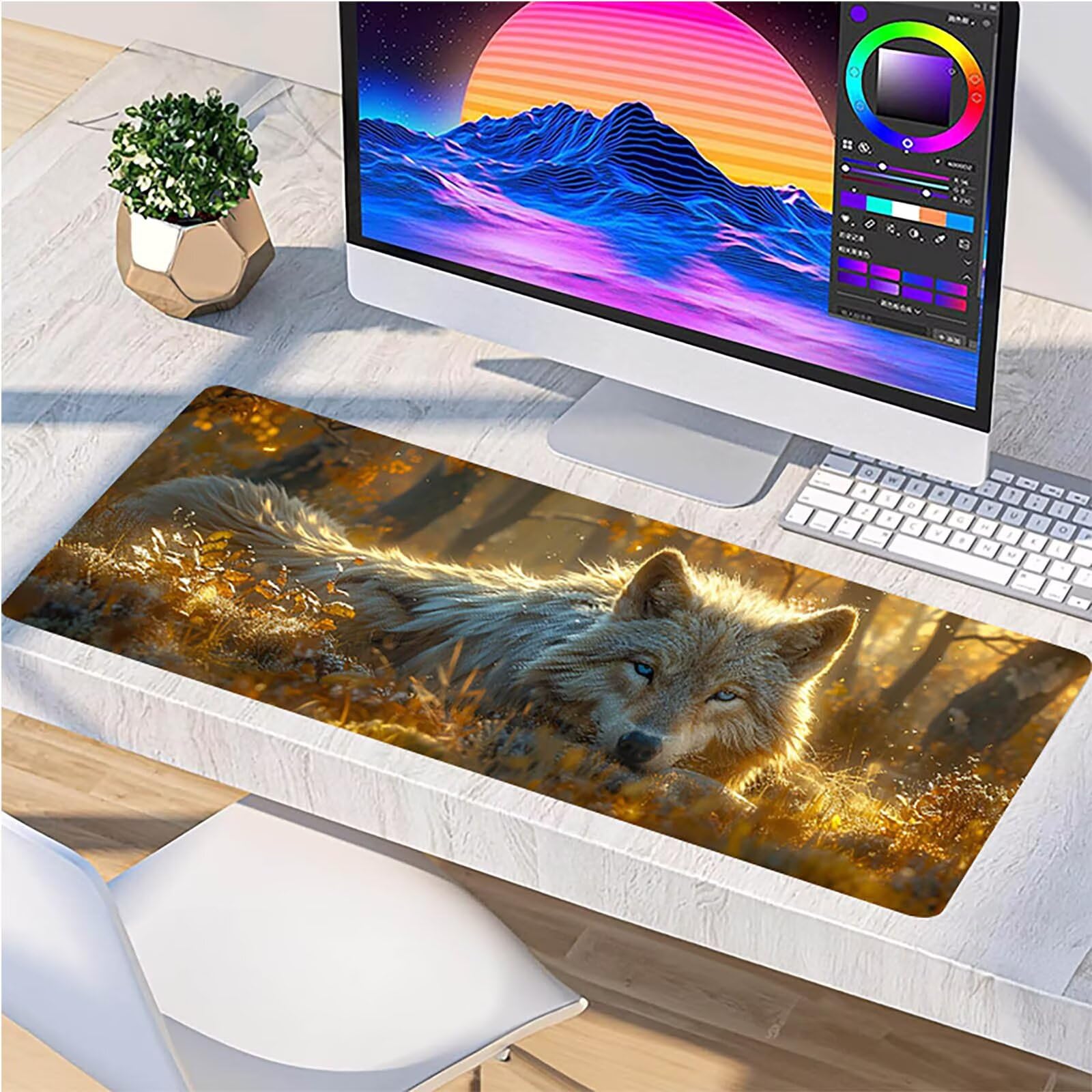 Tappetino Mouse XXL 1500 x 800 mm, Tappetino Mouse Lupo, Gaming Mousepad Migliorare la Velocità e la Precisione, Mouse Pad con Base in Gomma Antiscivolo, Ufficio Accessori Gaming, Bianco 0-5832