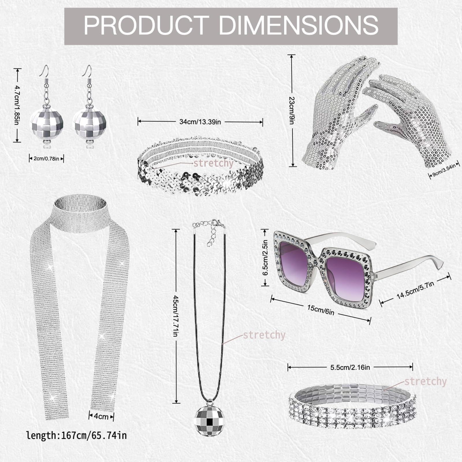 6pcs 70s Disco Accessories Set - Disco Outfits for Women with Glasses, Earrings, Gloves, Bracelet, Headband & Sequin Shawl — view 6