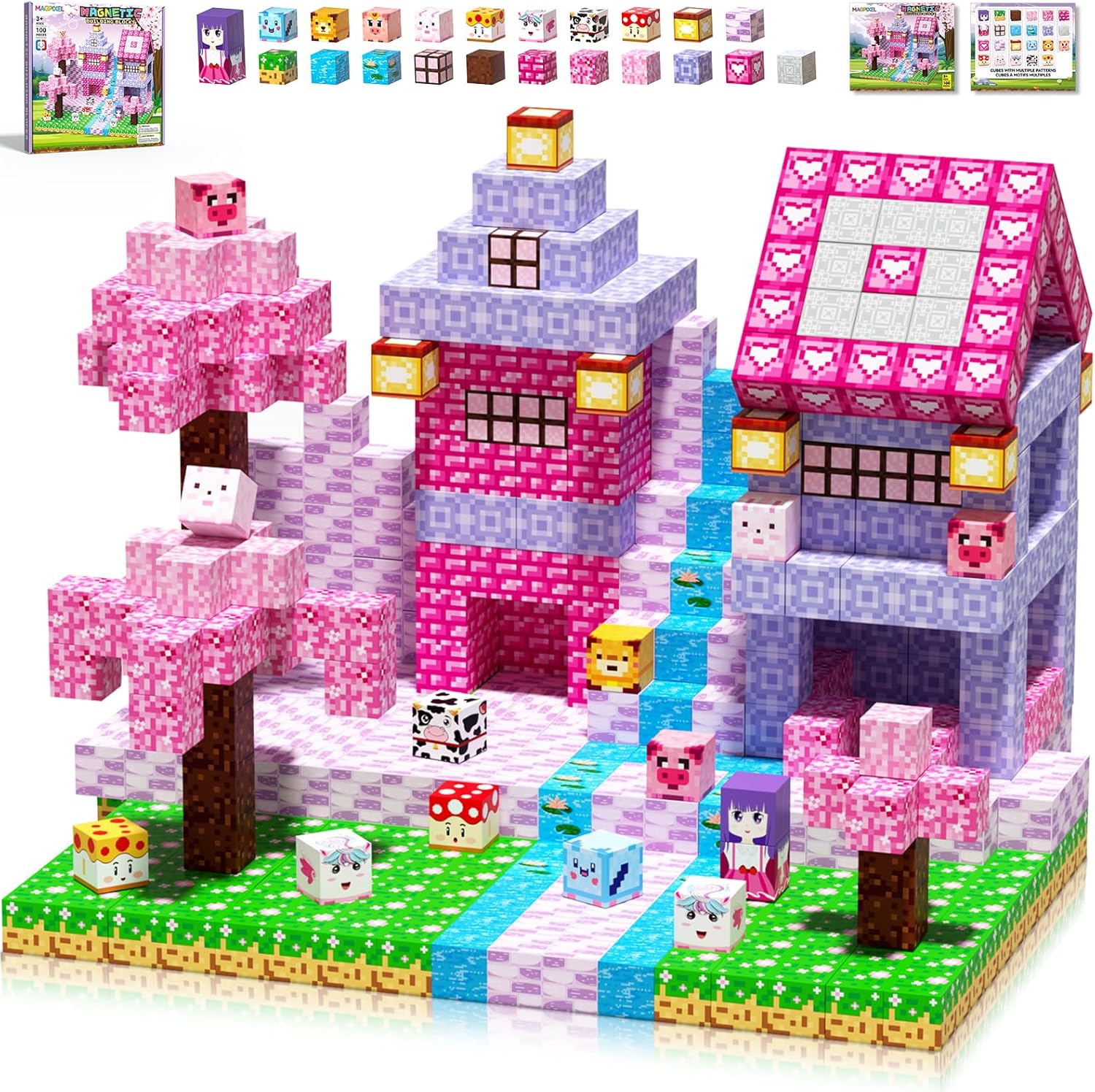 Magnetic Building Blocks Cubes: SETM Educational Toys for Girls Aged 3-12 - Pink 100 PCS, Birthday Gift, Pixel Blossom World