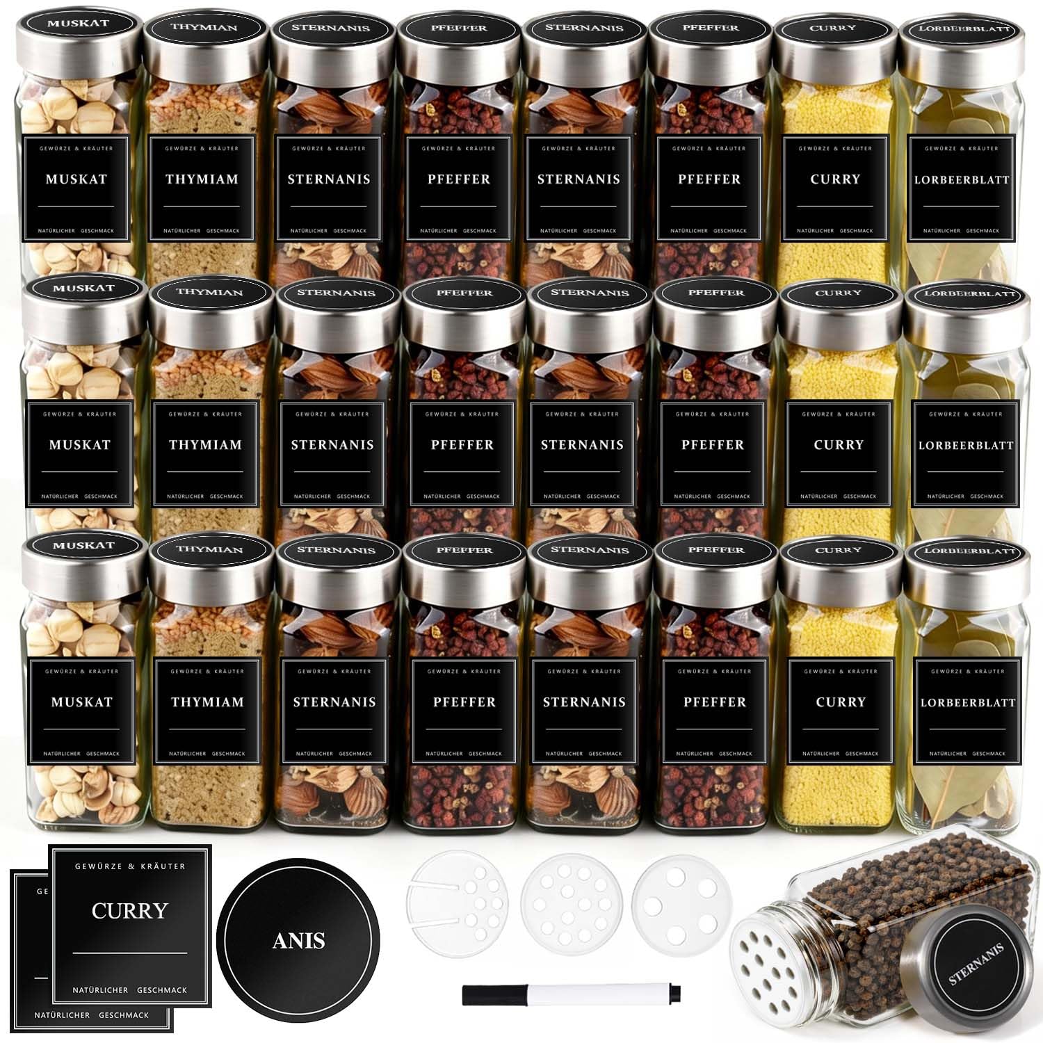 Lot de 24 pots à épices carrés en acier inoxydable – 120 ml – Boîtes à épices en verre hermétiques avec insert à saupoudrer – Ensemble de rangement moderne avec étiquettes, entonnoir et brosse pour