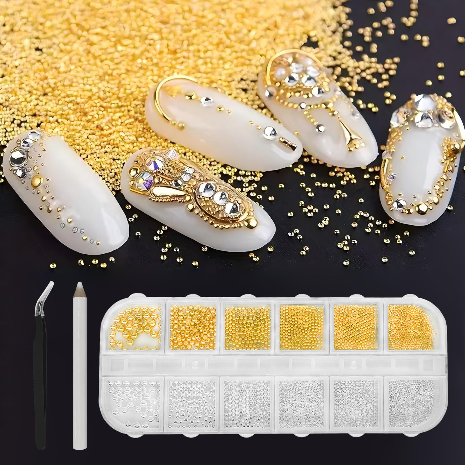 2 Boxes of 3D Nail Art Metal Silver and Mini Caviar Beads, semi-Circular Beige Flat Back Pearls, DIY Decorative Accessory Set with Tweezers
