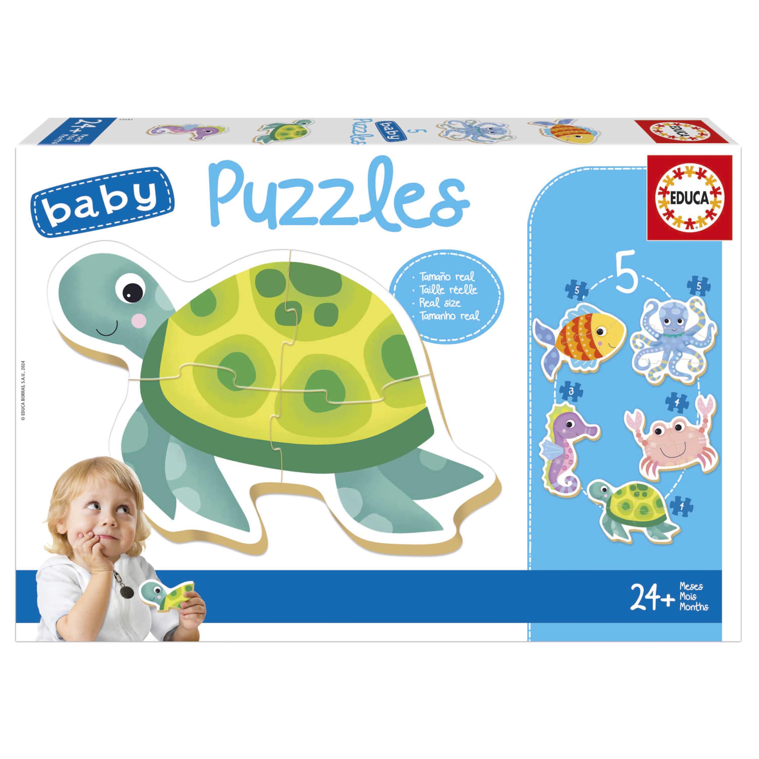 Educa - Baby Aquatic Animals Puzzles Set of 5 Progressive | Turtle Fish Octopus Seahorse Crab | Ages 24 Months+ (19951)