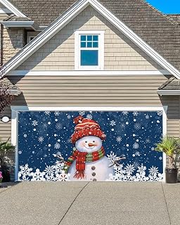 Christmas Garage Door Banner Cover 7 x 8 ft, Christmas Cute Snowman White Snowflakes Blue Christmas Garage Door Decorations Holiday Christmas Backdrop Decor for Winter New Year Xmas Party