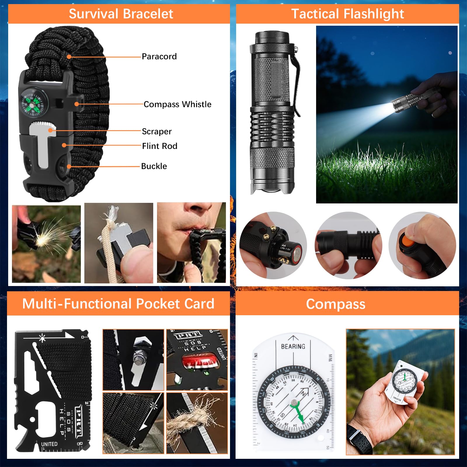 69 Piezas Kit de Supervivencia de Emergencia 30 IN 1, Linterna Táctica, Brújula, Acero de Fuego, Herramientas Multifunción y Poncho de Lluvia, Equipo de Emergencia para Camping, Senderismo