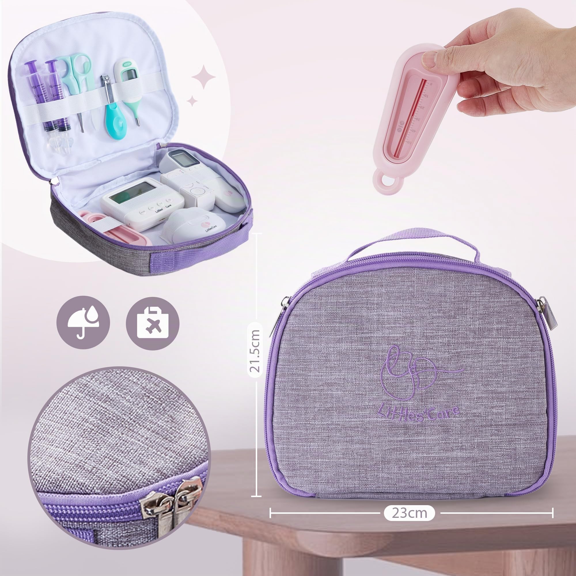 Estuche de aseo cuidado bebé: termómetro frontal, mosca bebe jeringa nasal, termómetro interior y baño, lima lijadora de uñas, estuche de nacimiento completo (termómetro de baño rosa)