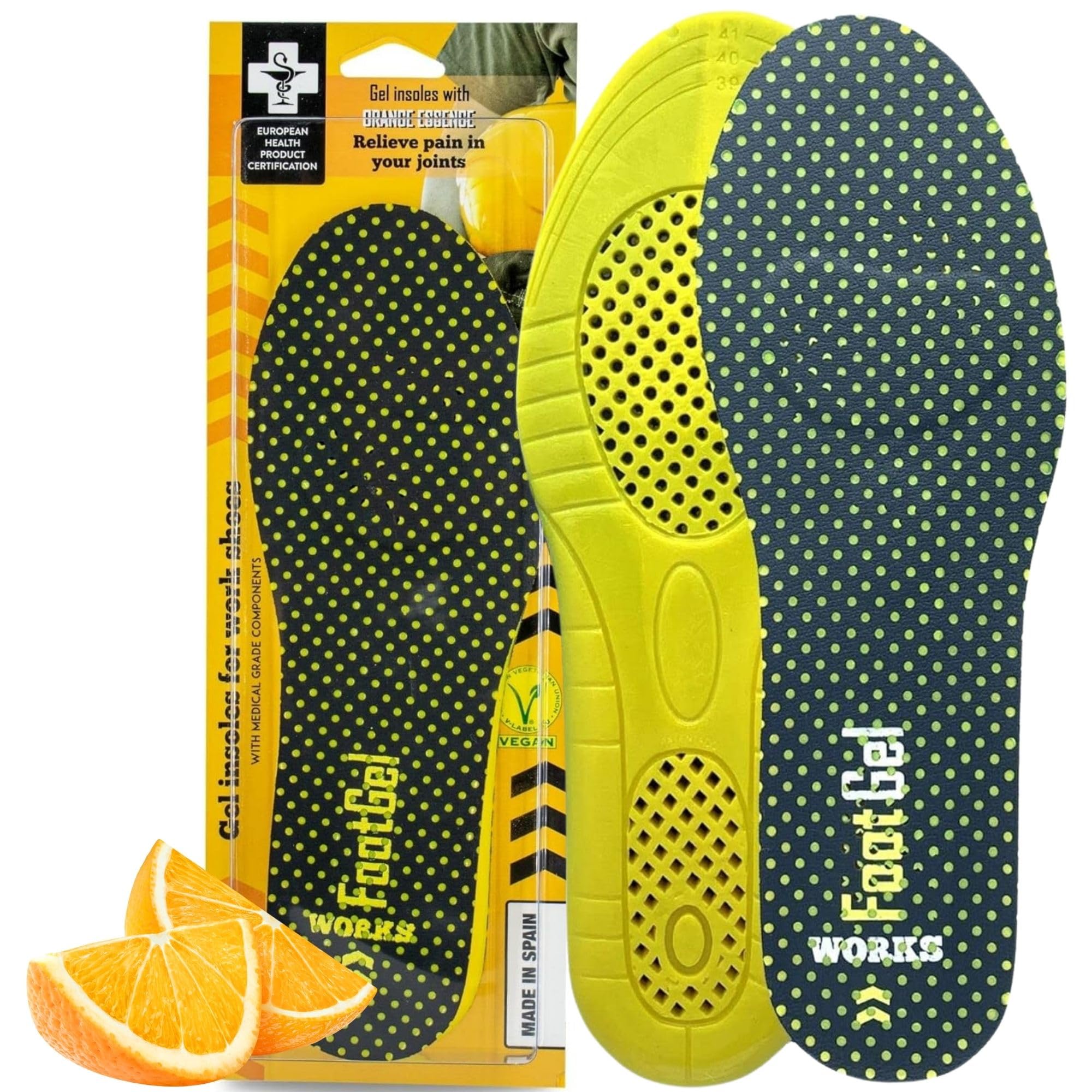 Plantillas Gel Works® | Plantillas Trabajo Hombre/Mujer Uso Diario Transpirables, Cómodas | Estabilizadoras, Previenen Dolores en Pies, Rodillas y Lumbares | Naranjo, Tallas 43 a 46