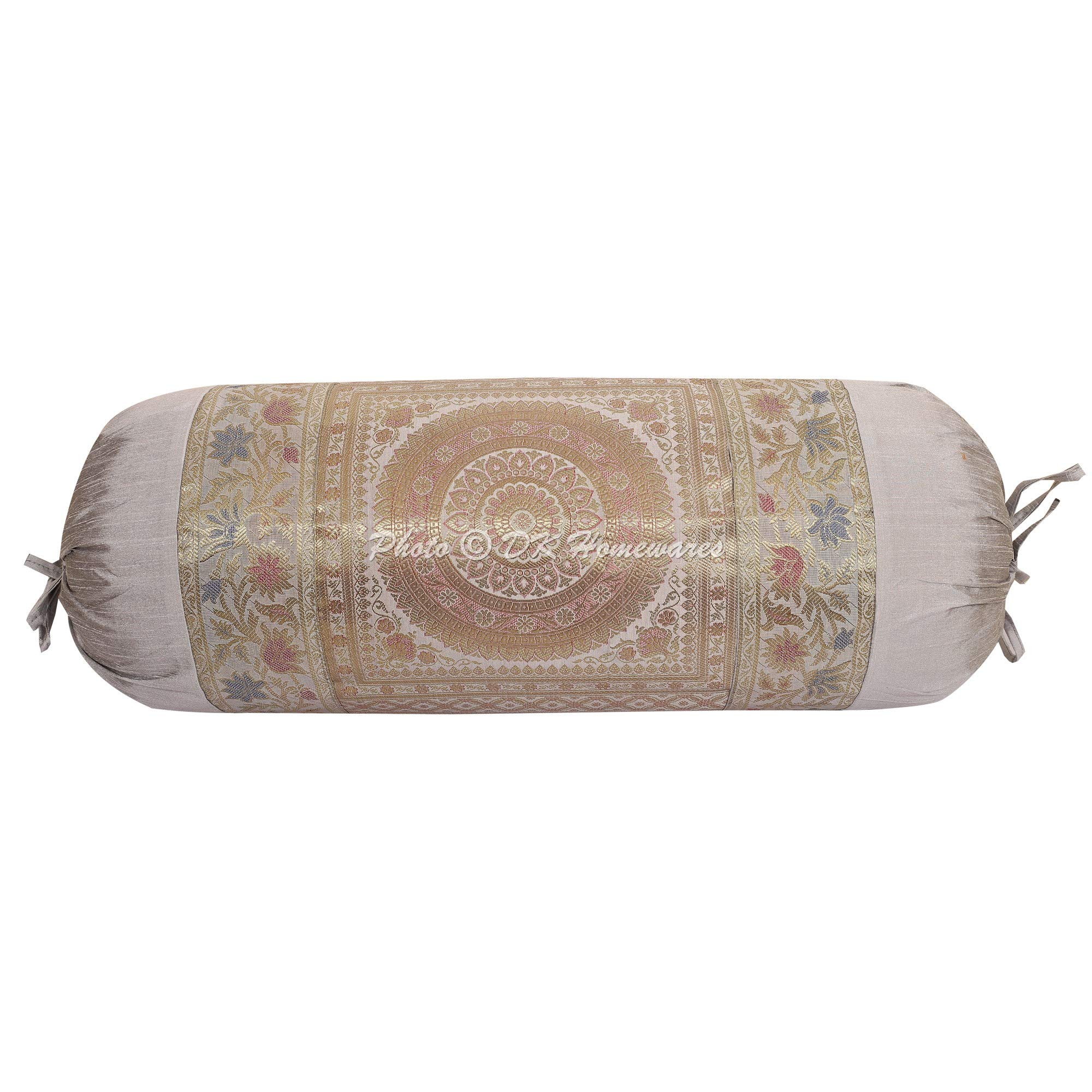DK HomewaresIndian Jacquard Brocade Silk Bolster Throw Pillow Covers Cylindrical Hotdog Grey Yoga Masand Home Decor Living Room Mandala Traditional Throw Cushion Cover 76x38 cm - 1 Pc