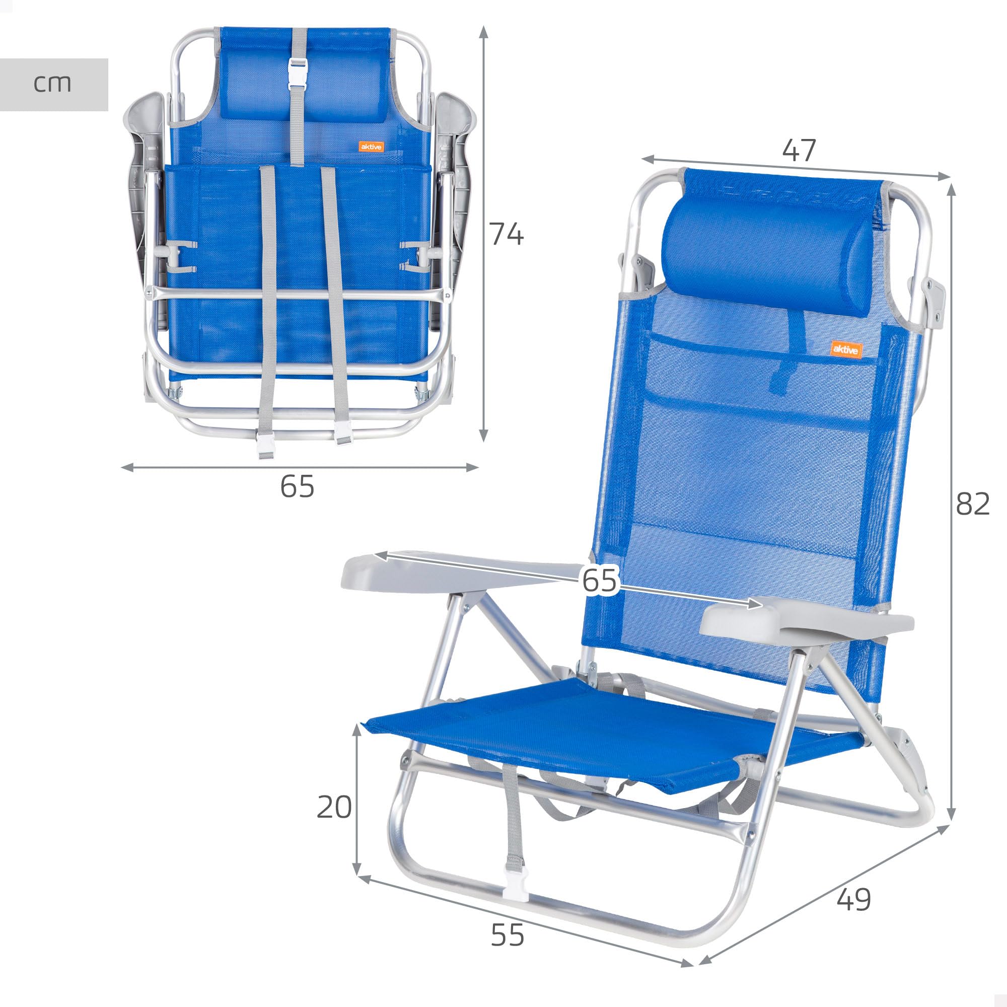 AKTIVE Chaise de Plage Pliable, Bleu foncé, textilène et Aluminium, 47 x 49 x 82 cm, 8 Positions, Dossier Haut, 110 kg