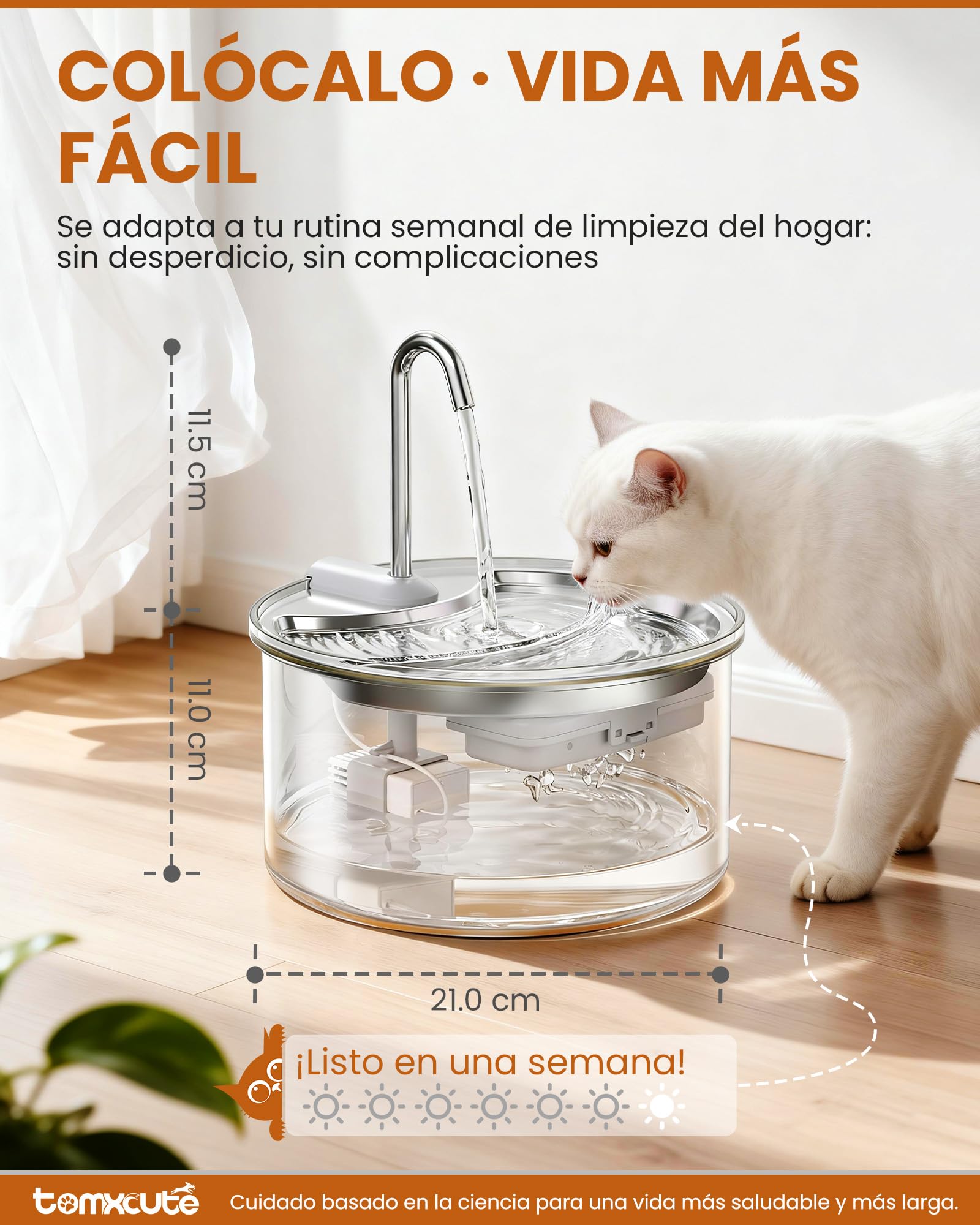 TOMXCUTE Fuente Gatos Cristal 2,5L con Nivel Visible 360° | Vidrio transparente, luz cálida, bomba silenciosa y 3 filtros incluidos para agua fresca