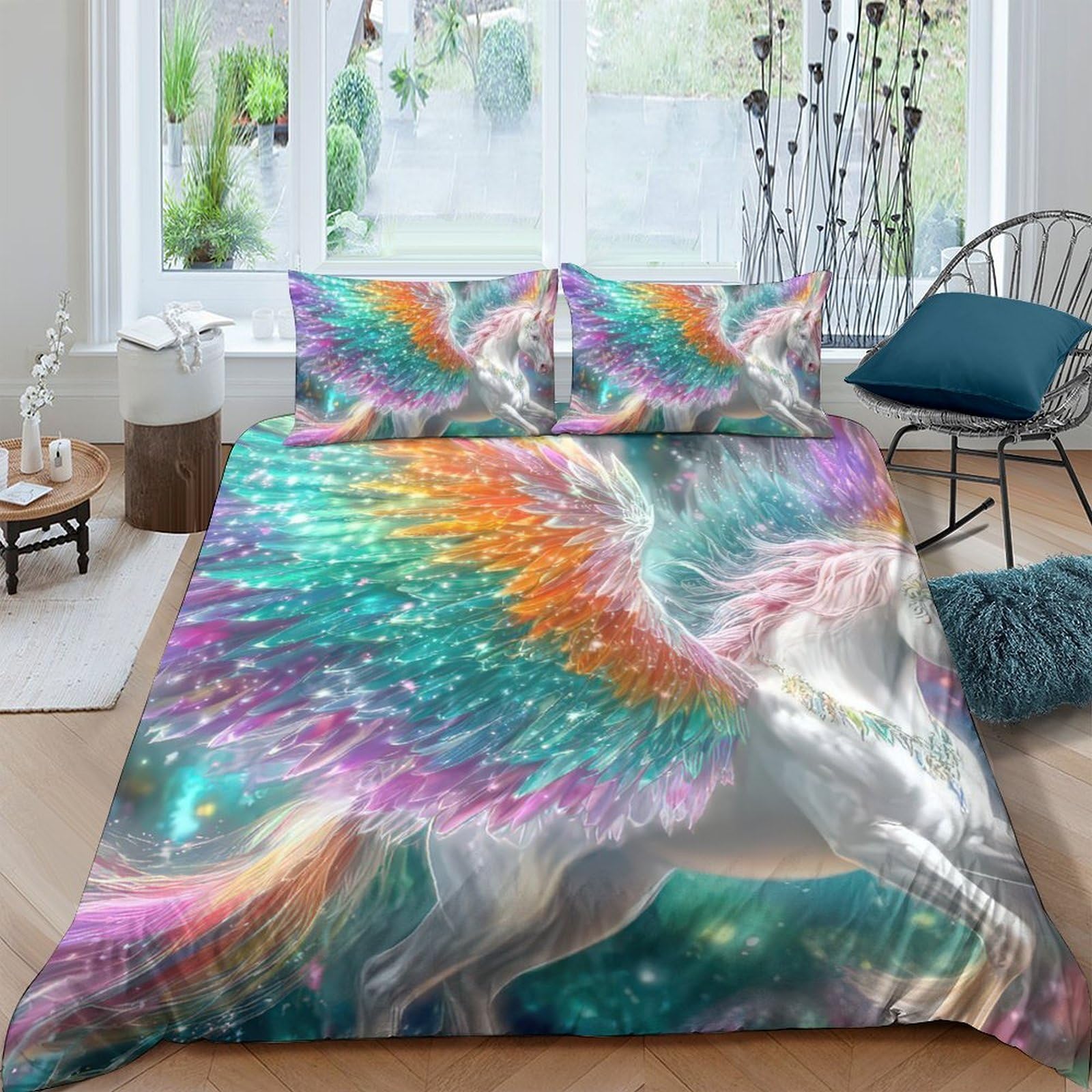 Ctjqhvkz Style-6 3D Printed Rainbow Unicorn Fitted Sheet Microfiber Soft Anti-Slip Bed Cover Fantasy Wings For Bedroom Dorm Mattress Protection Single（135X200cm）